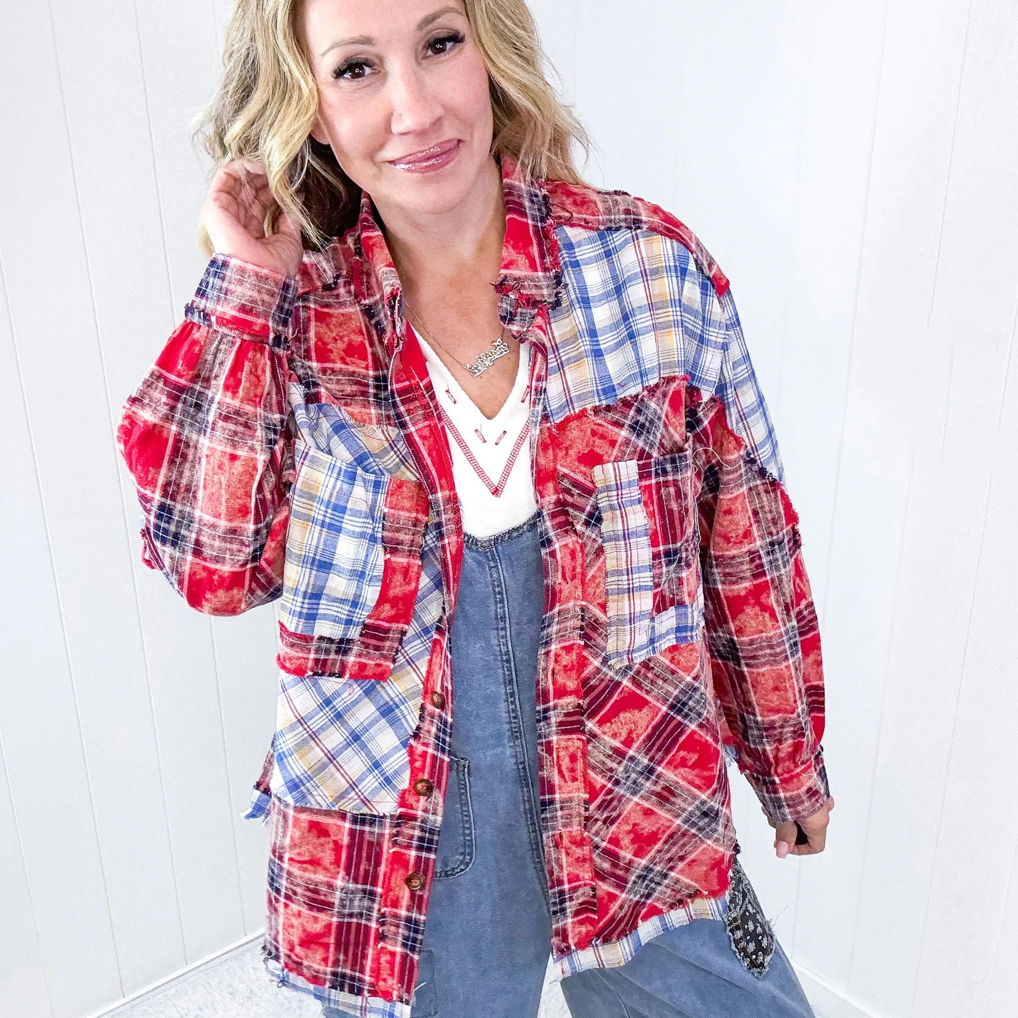 Pol Patchwork Queen Oversized Red Multi Plaid Long Sleeve Button up Top sold by Boujee Boutique product image thumbnail 4