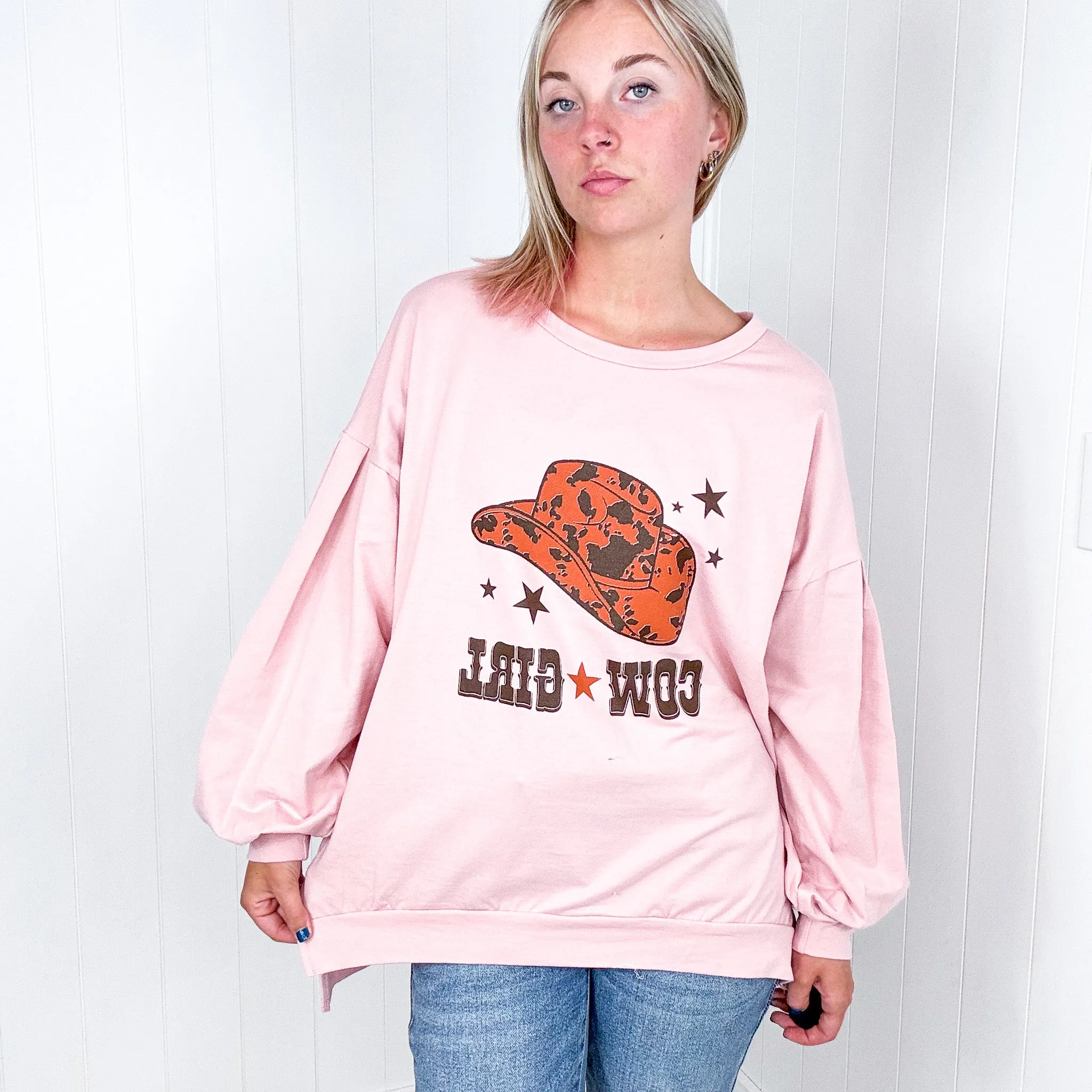 Dusty Pink Cow Girl Graphic Sweatshirt with Open Hem Pullover sold by Boujee Boutique product image thumbnail 2
