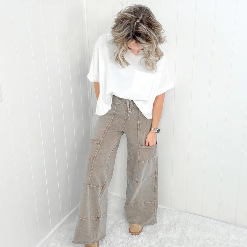 Relaxed Retreat Brown Mineral Washed Terry Knit Oversized Pull on Pants sold by Boujee Boutique product image thumbnail 3