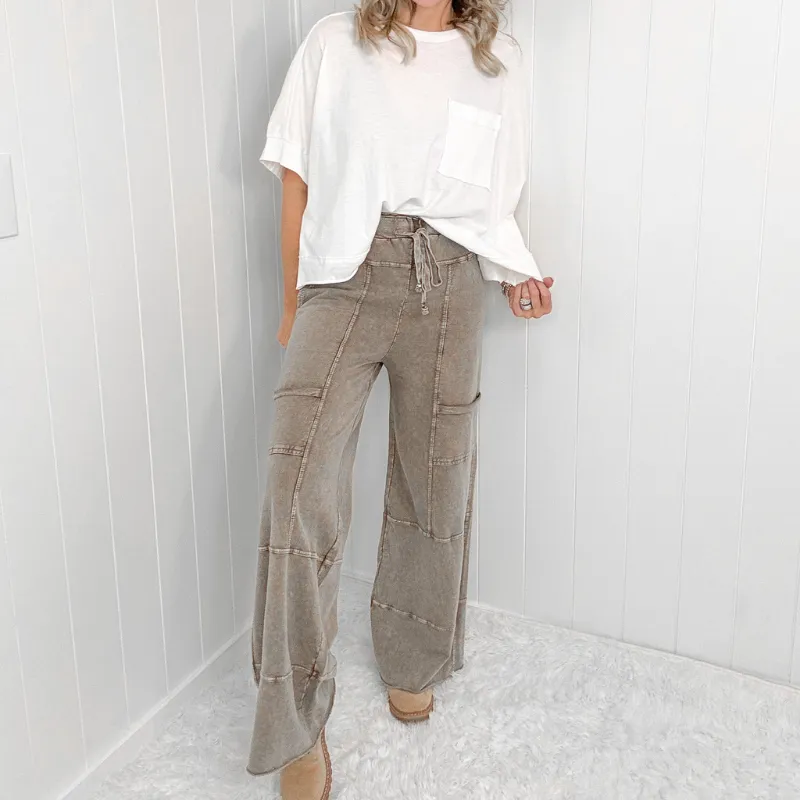 Relaxed Retreat Brown Mineral Washed Terry Knit Oversized Pull on Pants sold by Boujee Boutique