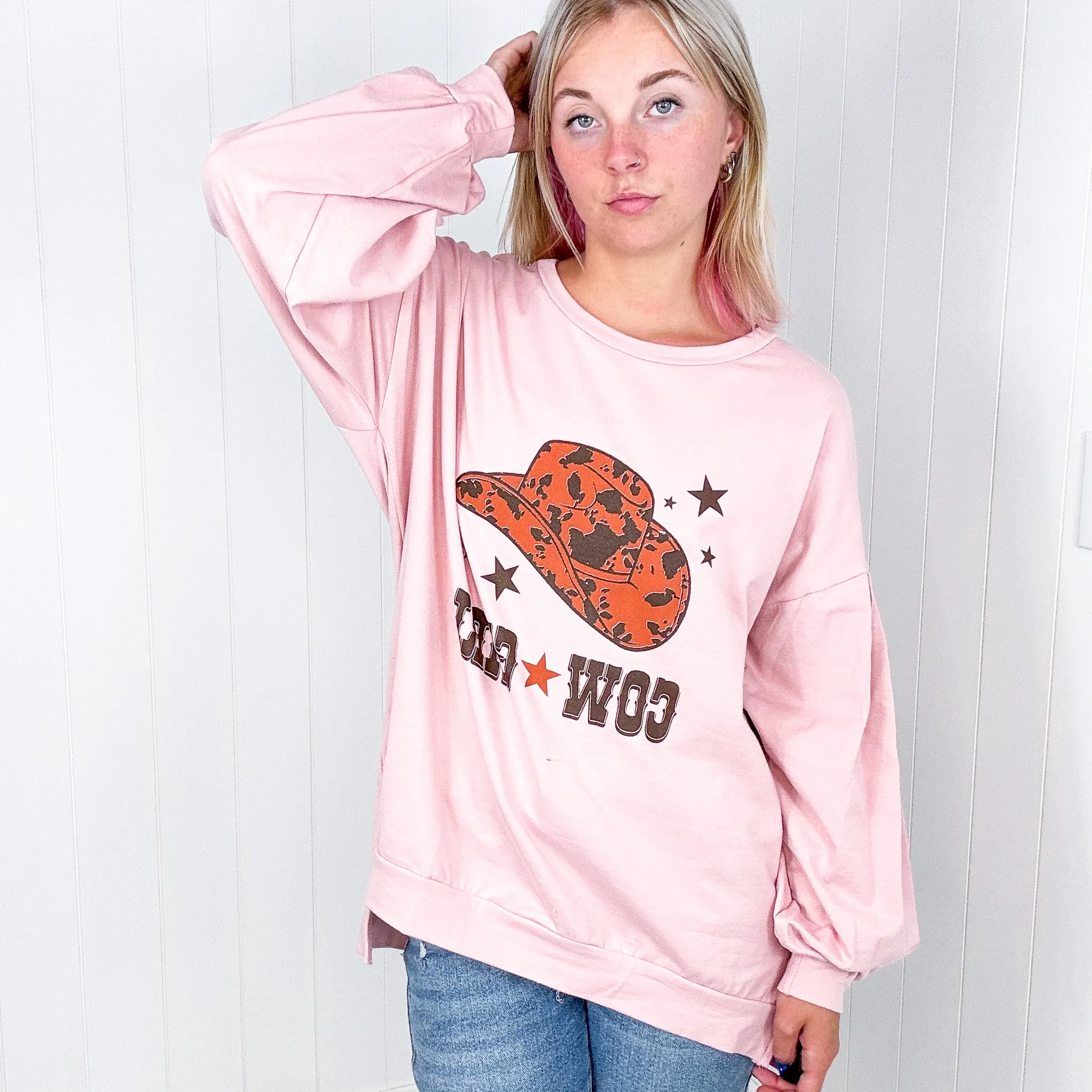 Dusty Pink Cow Girl Graphic Sweatshirt with Open Hem Pullover sold by Boujee Boutique product image thumbnail 5