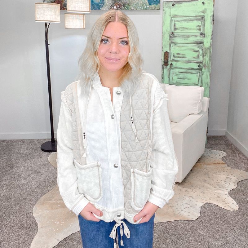 POL Cream and Beige Knit Quilted Hoodie sold by Boujee Boutique product image thumbnail 5