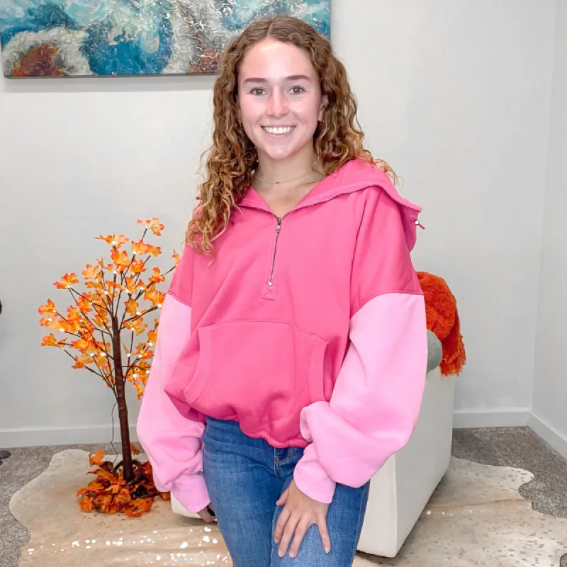 Block Pink Elastic Hem Half Zip Fleece Hoodie sold by Boujee Boutique