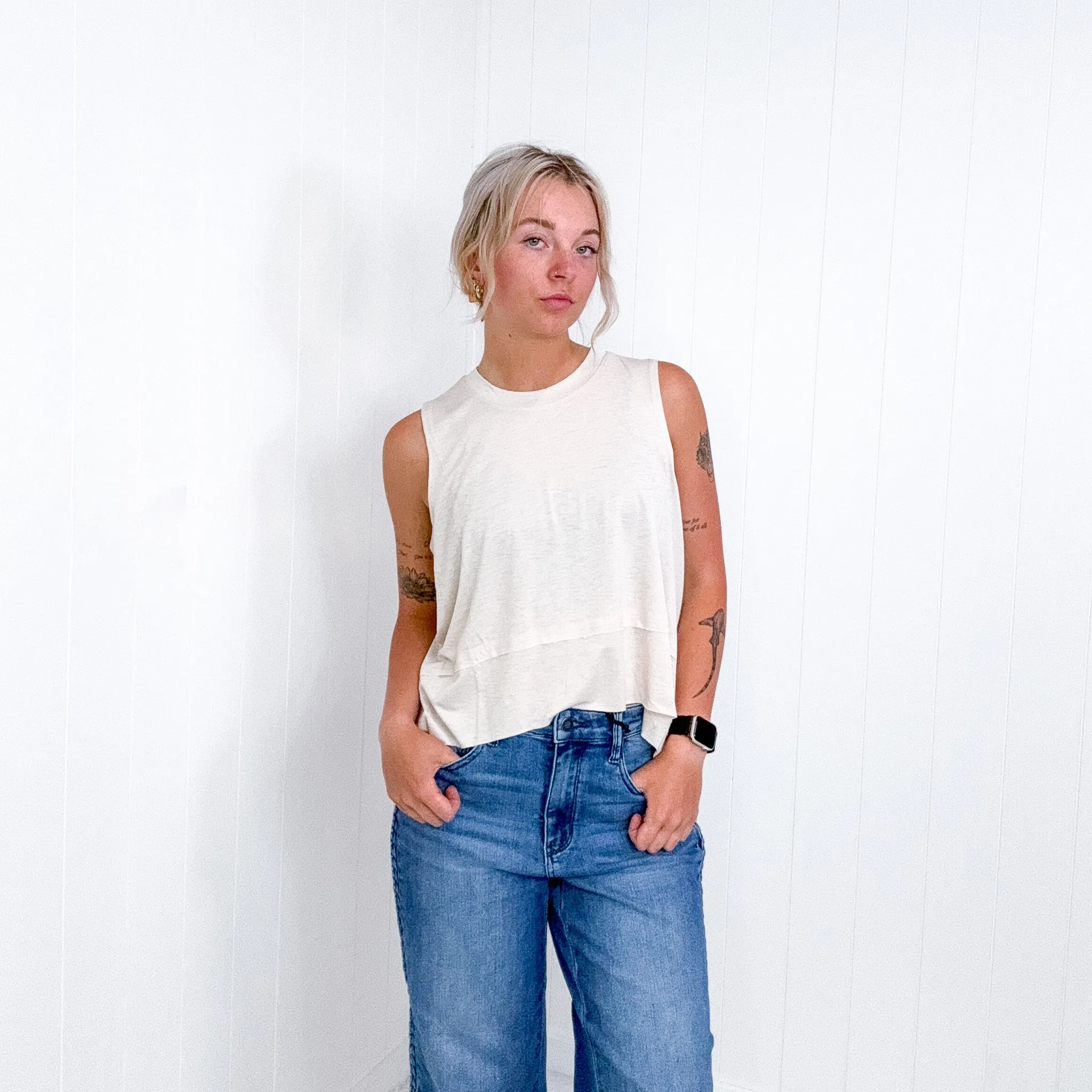 Sheer Slub Knit Side Slit High Low Round Neck Tank in Sand Beige sold by Boujee Boutique product image thumbnail 5