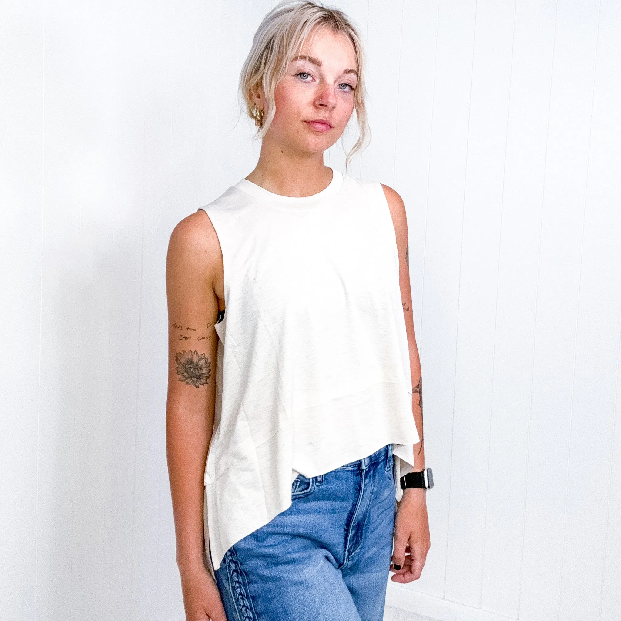 Sheer Slub Knit Side Slit High Low Round Neck Tank in Sand Beige sold by Boujee Boutique