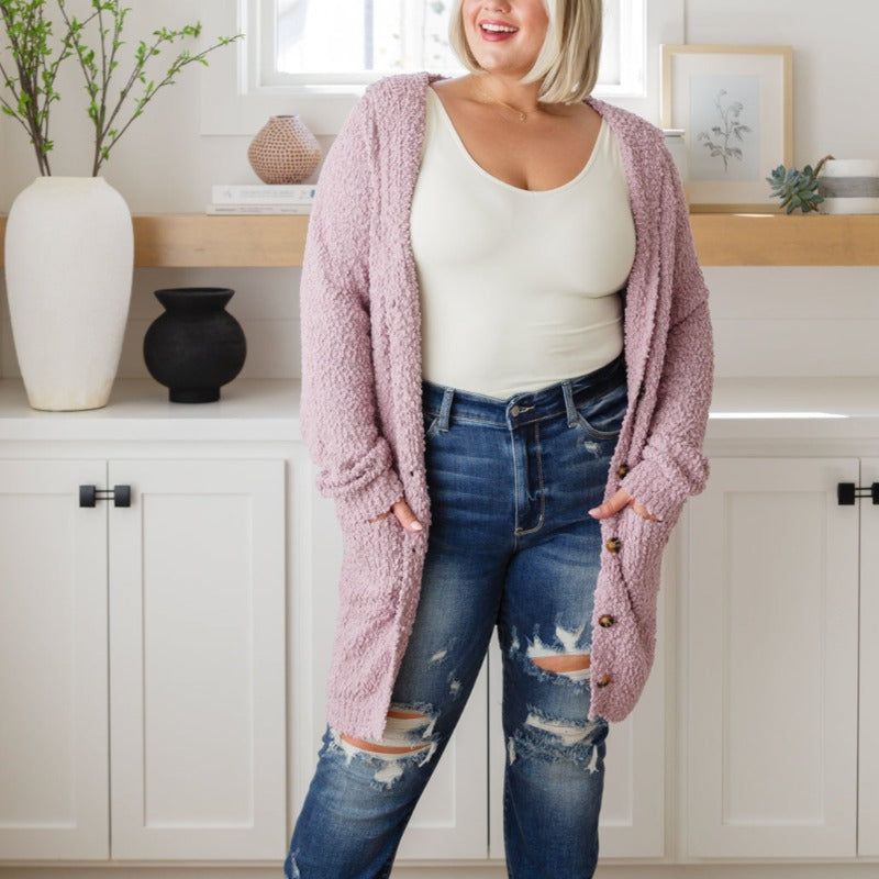 Soft Wisteria Hooded Long Cardigan sold by Boujee Boutique