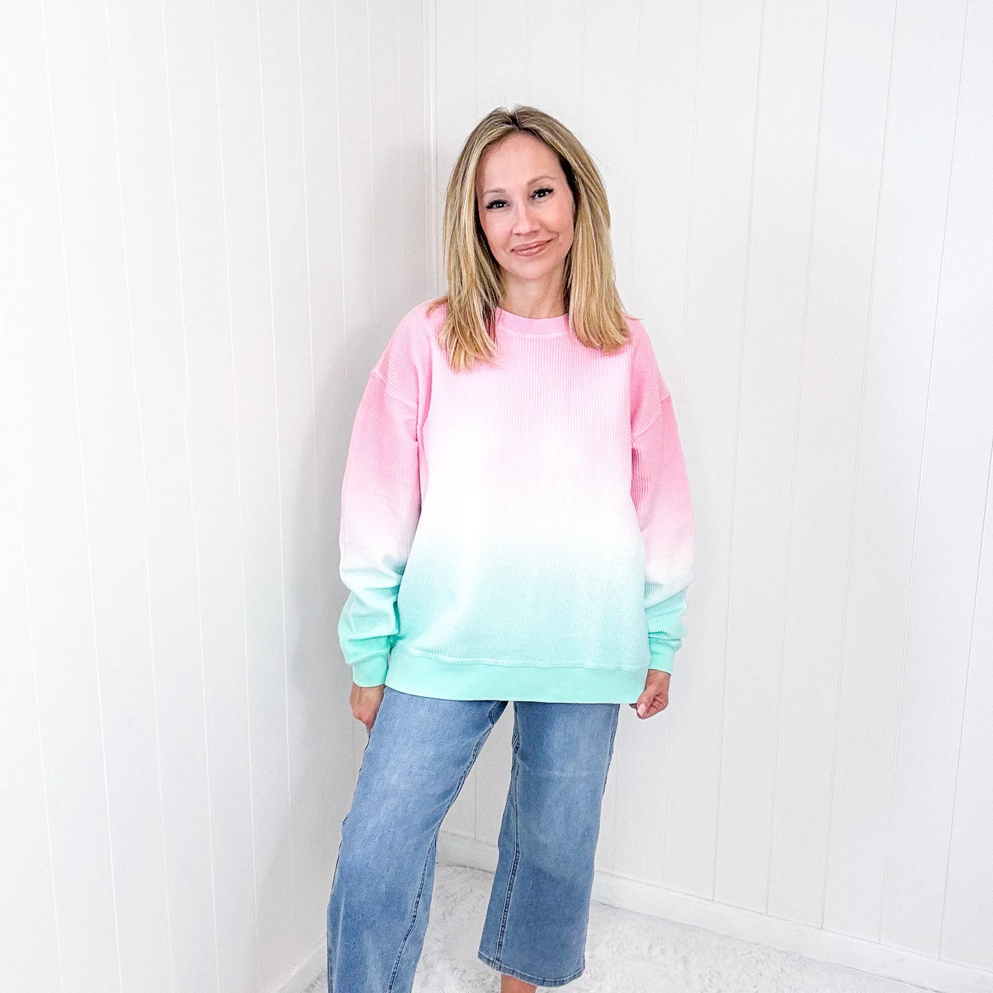 Cotton Candy Pink and Mint Ombre Luxe Soft Corded Pullover sold by Boujee Boutique product image thumbnail 4