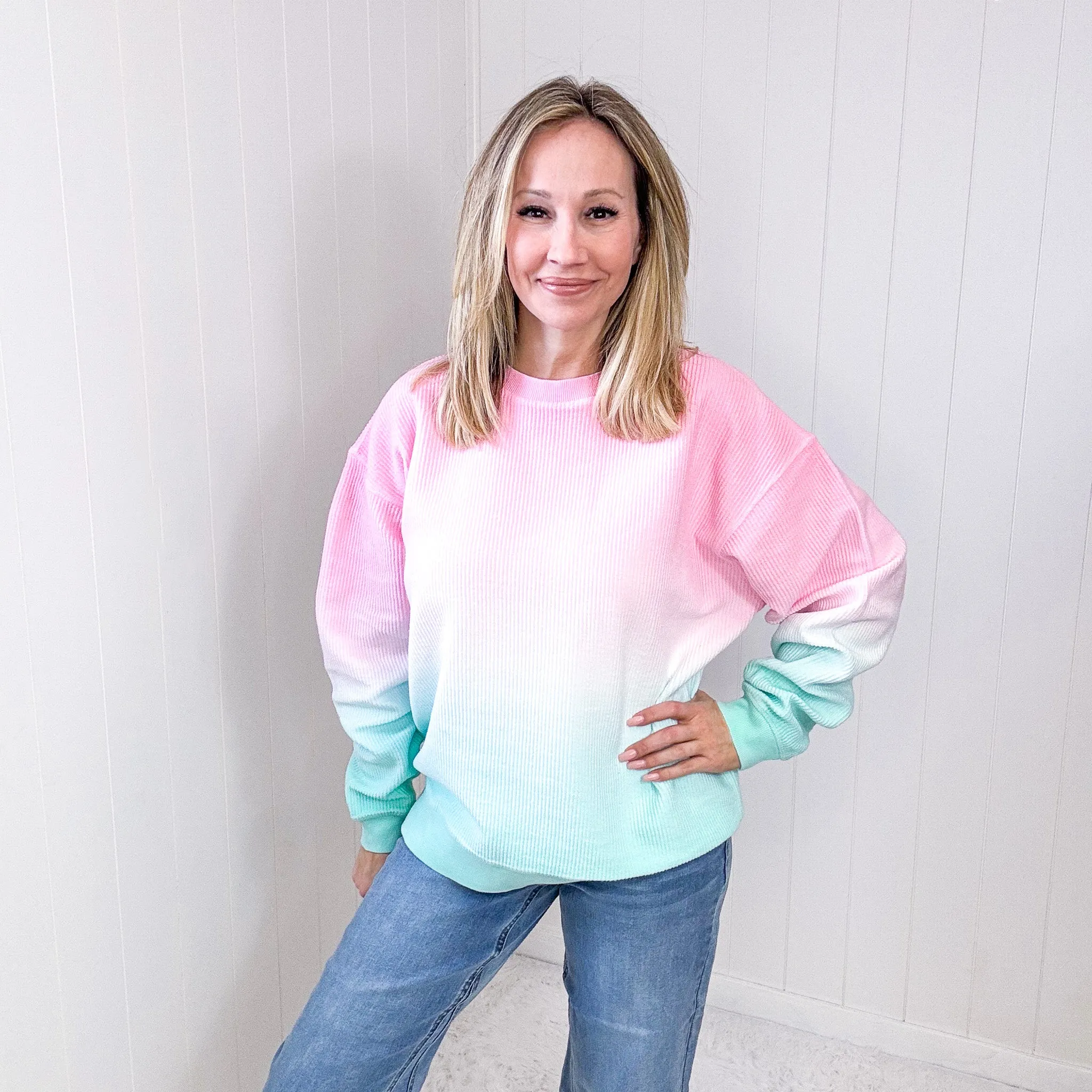 Cotton Candy Pink and Mint Ombre Luxe Soft Corded Pullover sold by Boujee Boutique product image thumbnail 3