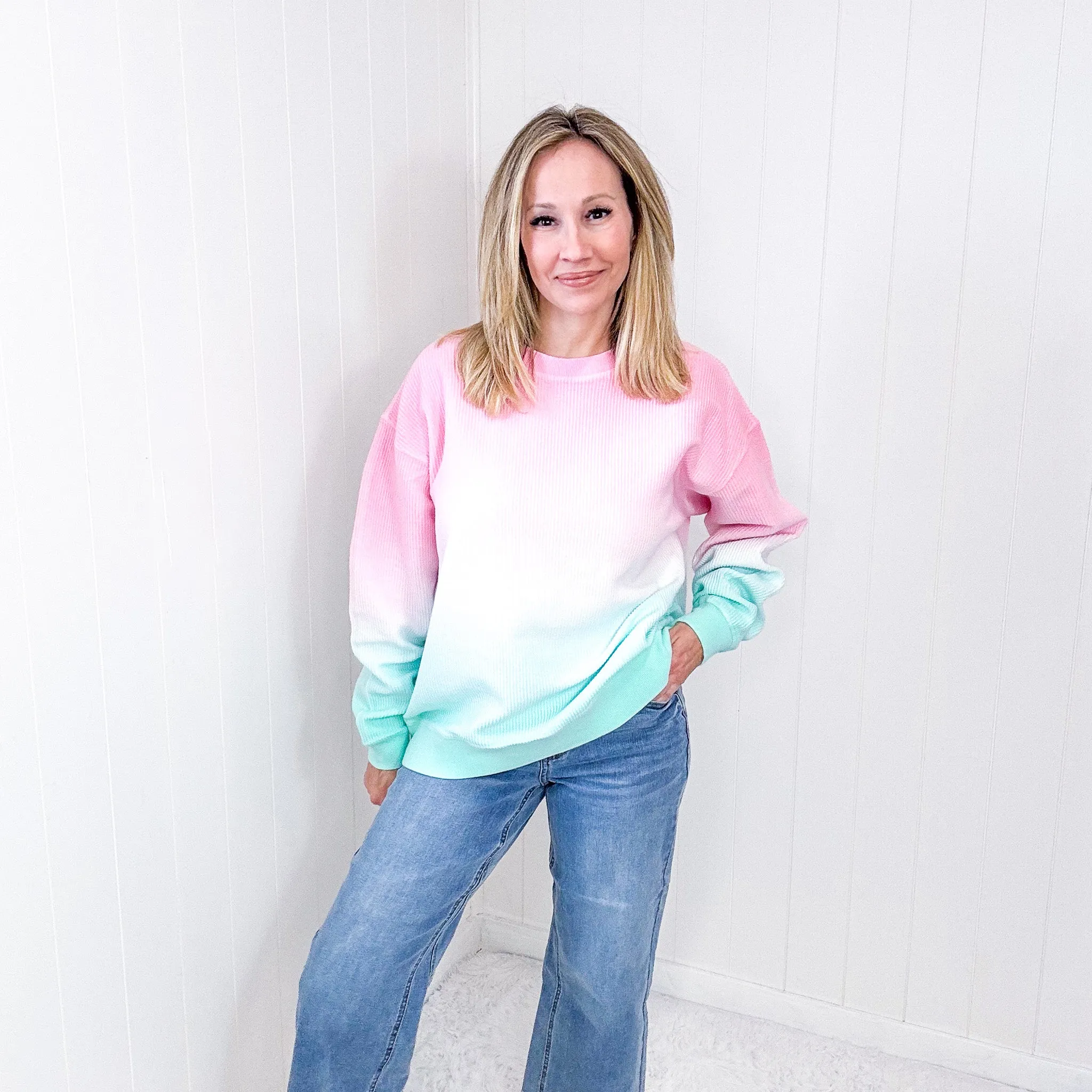 Cotton Candy Pink and Mint Ombre Luxe Soft Corded Pullover sold by Boujee Boutique product image thumbnail 5
