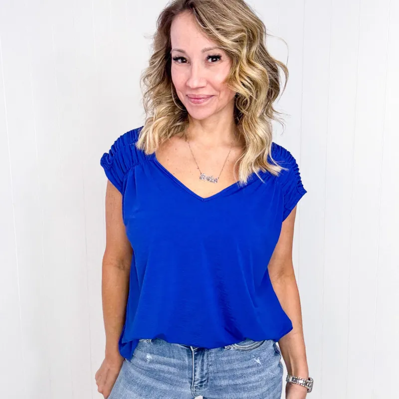 Dear Scarlett Ruched Cap Sleeve Top in Royal Blue sold by Boujee Boutique