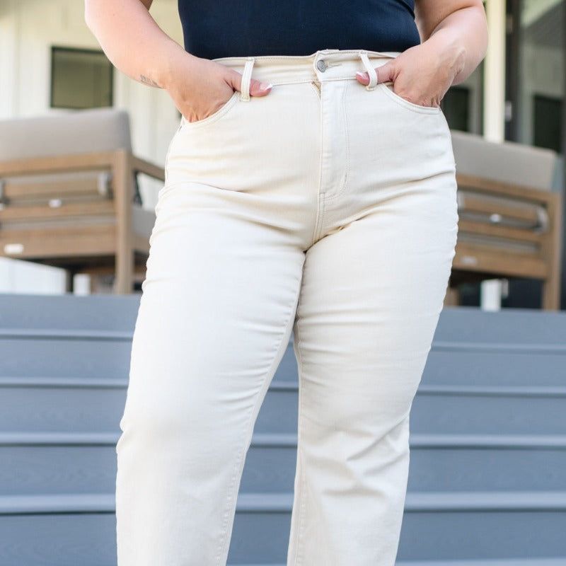 Judy Blue High Rise Over Dyed 90's Straight Jeans in Light Khaki sold by Boujee Boutique product image thumbnail 4