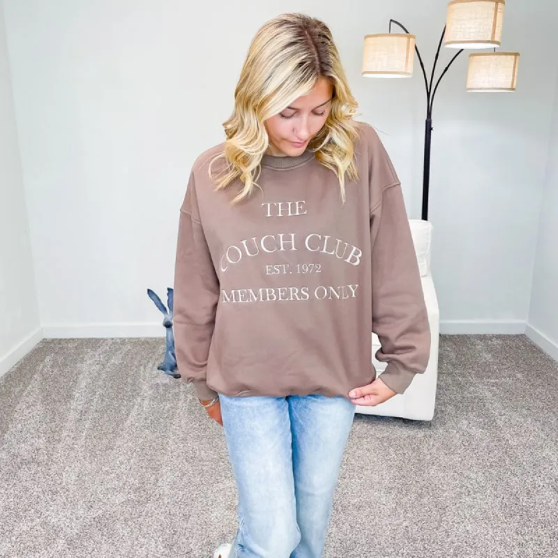 The Couch Club Embroidered Sweatshirt in Mocha sold by Boujee Boutique