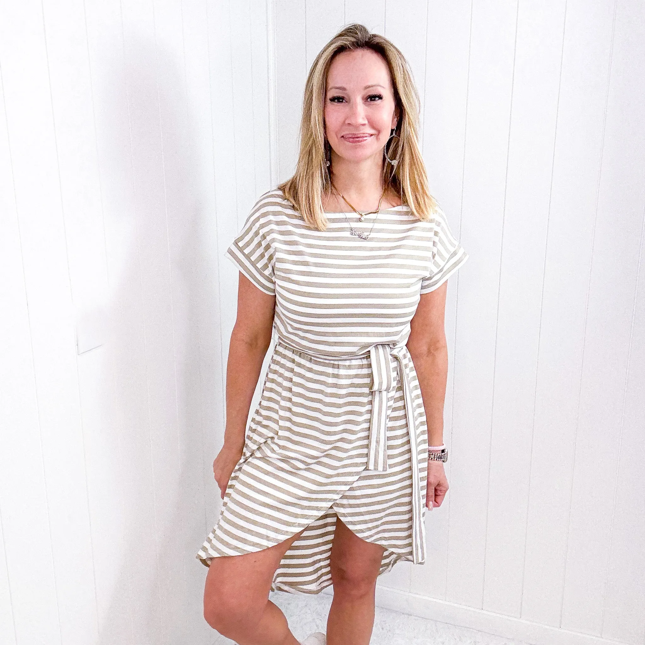 White and Tan Striped Tulip Midi Dress sold by Boujee Boutique product image thumbnail 3