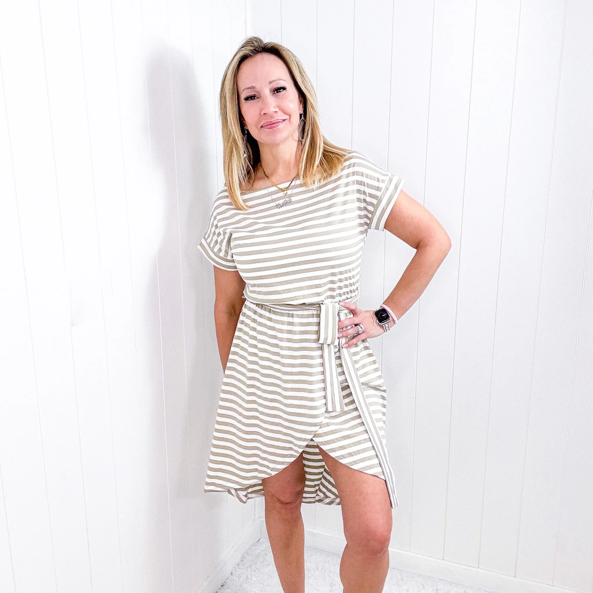 White and Tan Striped Tulip Midi Dress sold by Boujee Boutique product image thumbnail 2