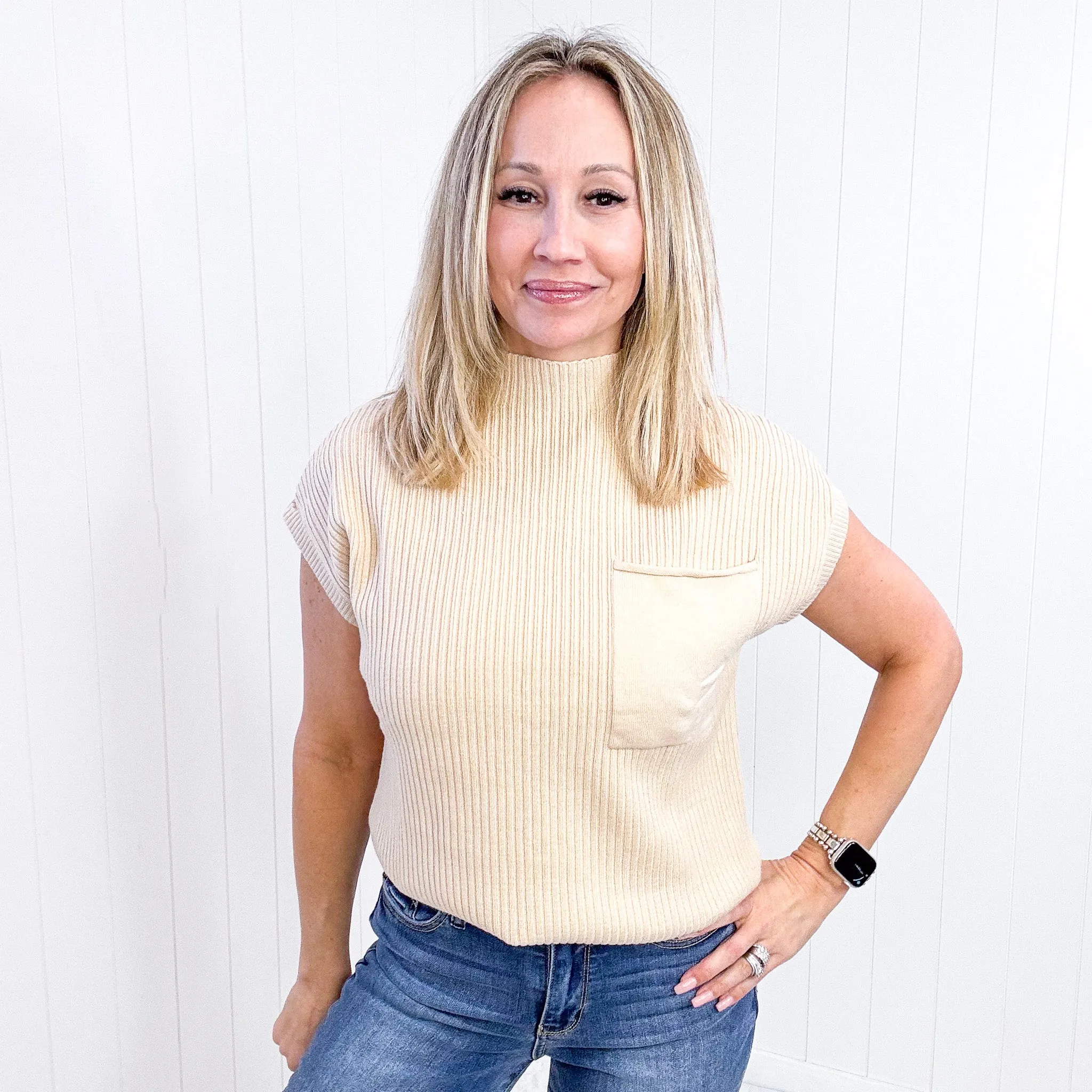 Oatmeal This Little Life Mock Neck Short Sleeve Sweater sold by Boujee Boutique