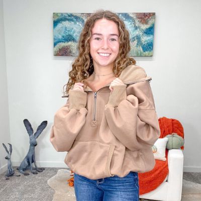 Cocoa Brown Elastic Hem Half Zip Fleece Hoodie sold by Boujee Boutique