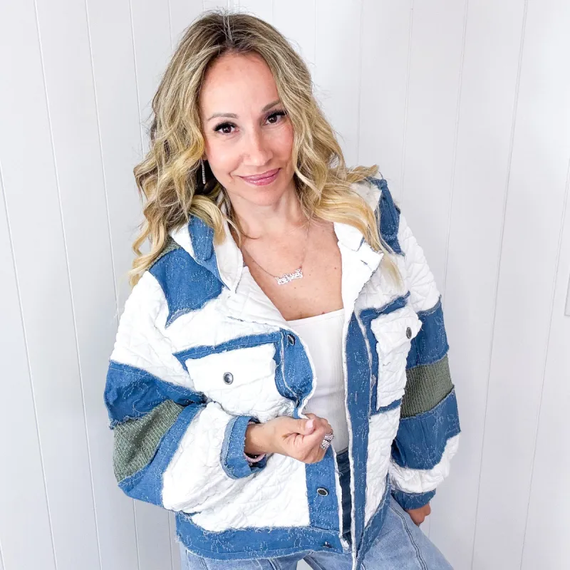 POL Puffy Paradise Quilted Denim Patchwork Long Sleeve Jacket sold by Boujee Boutique