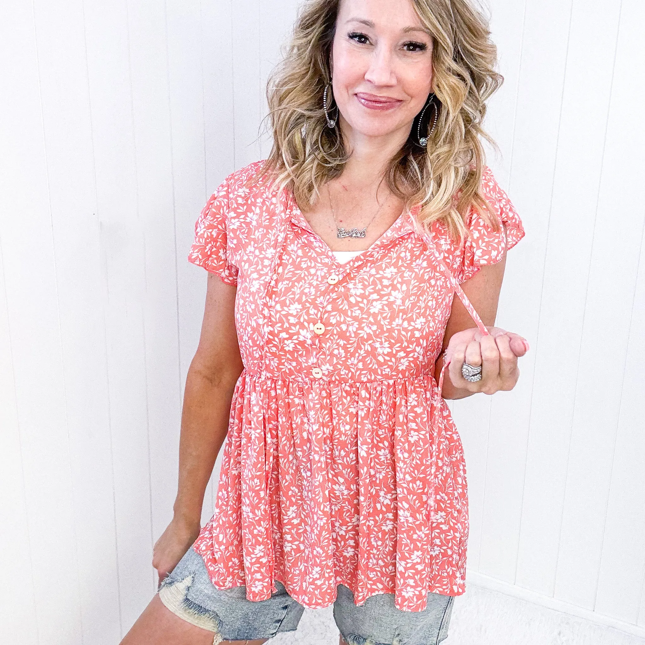 Flirty and Thriving Floral Flutter Sleeve Top in Peach sold by Boujee Boutique product image thumbnail 2