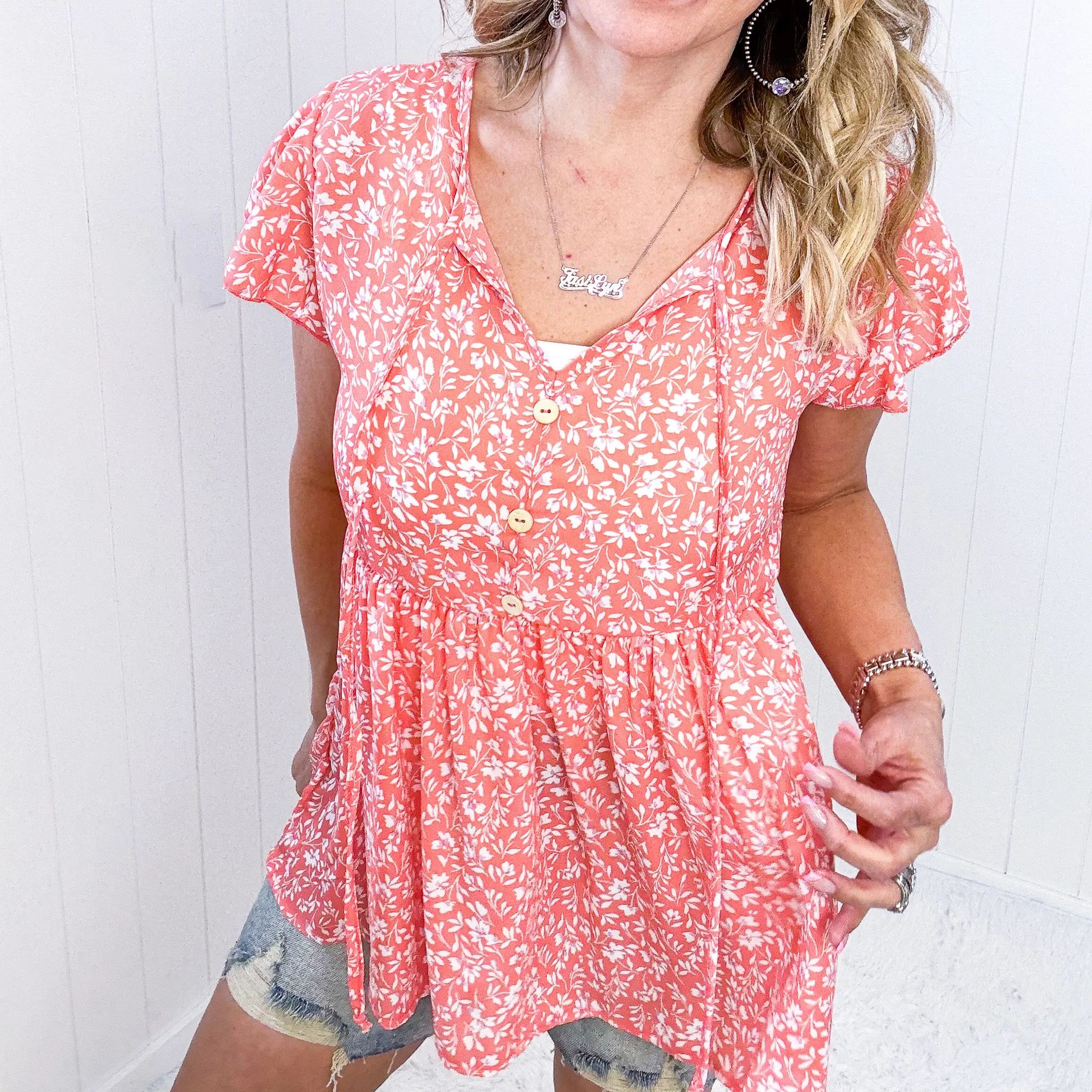 Flirty and Thriving Floral Flutter Sleeve Top in Peach sold by Boujee Boutique product image thumbnail 5