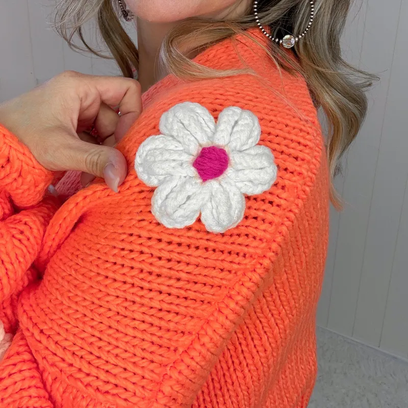 Bright Orange Flower Chunky Sweater Knit Cardigan sold by Boujee Boutique product image thumbnail 5