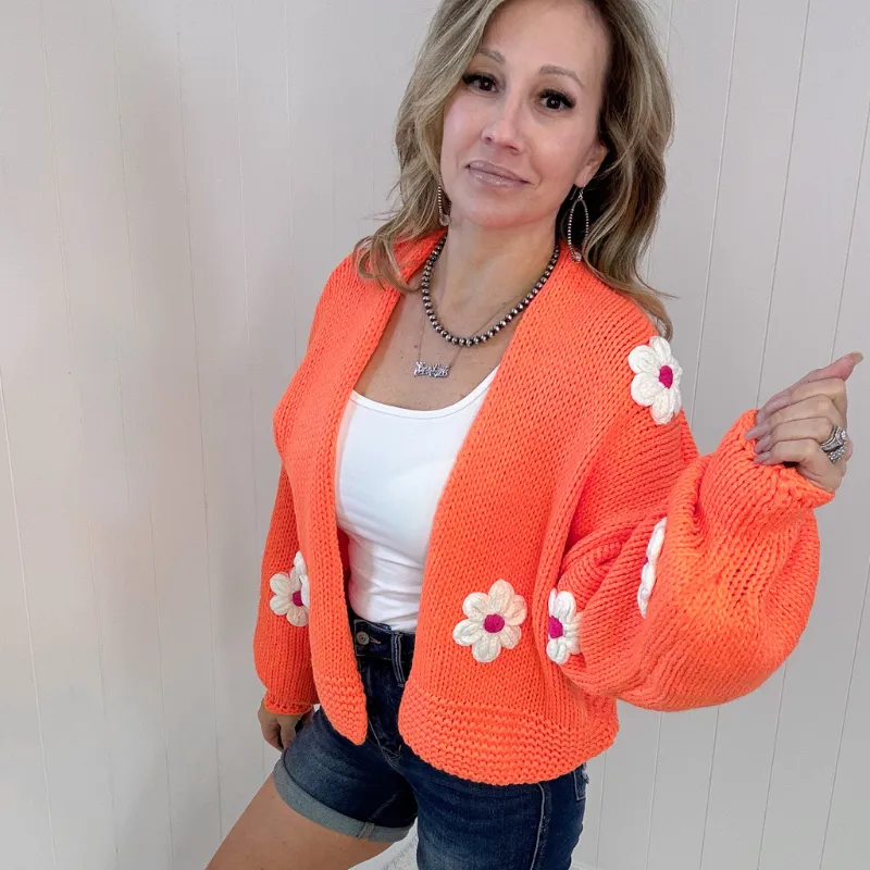 Bright Orange Flower Chunky Sweater Knit Cardigan sold by Boujee Boutique product image thumbnail 2
