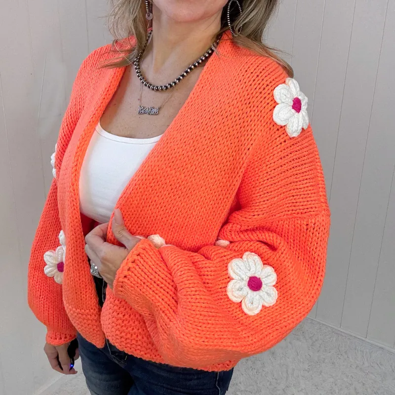 Bright Orange Flower Chunky Sweater Knit Cardigan sold by Boujee Boutique product image thumbnail 4
