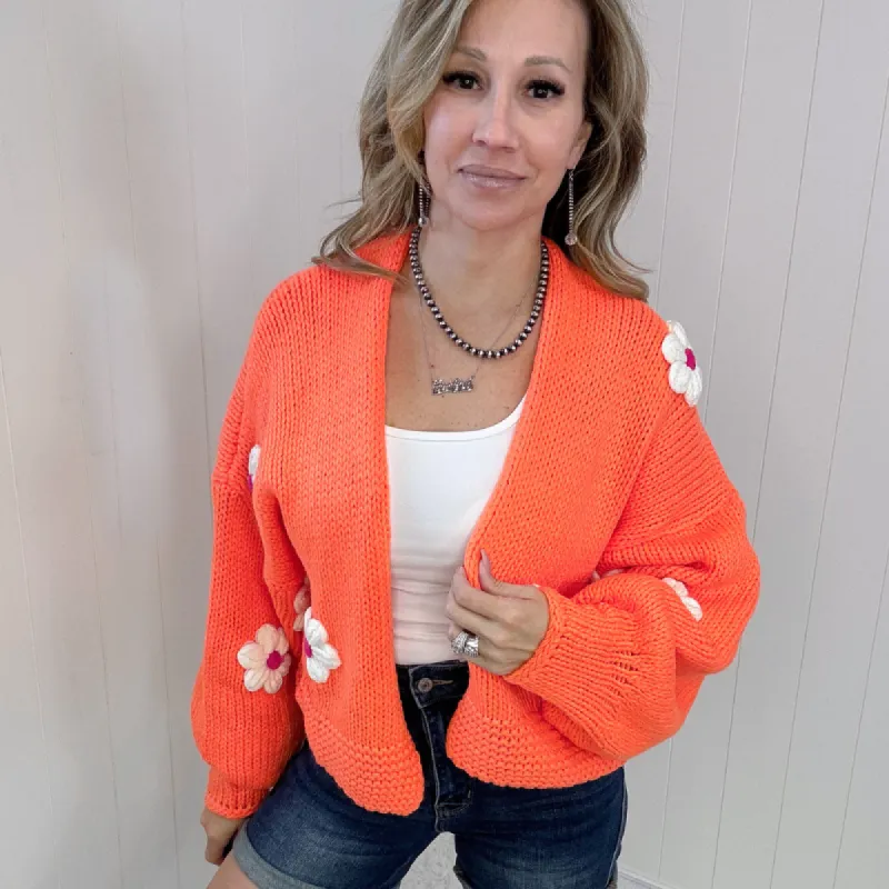 Bright Orange Flower Chunky Sweater Knit Cardigan sold by Boujee Boutique