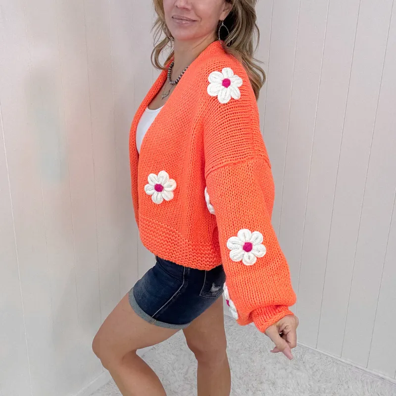 Bright Orange Flower Chunky Sweater Knit Cardigan sold by Boujee Boutique product image thumbnail 3