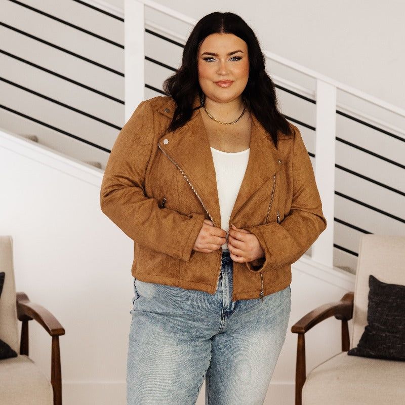 Clara Faux Suede Moto Jacket in Camel sold by Boujee Boutique product image thumbnail 4