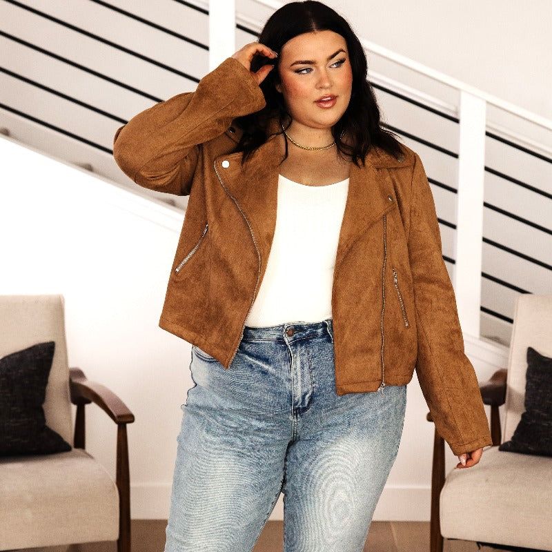 Clara Faux Suede Moto Jacket in Camel sold by Boujee Boutique product image thumbnail 2