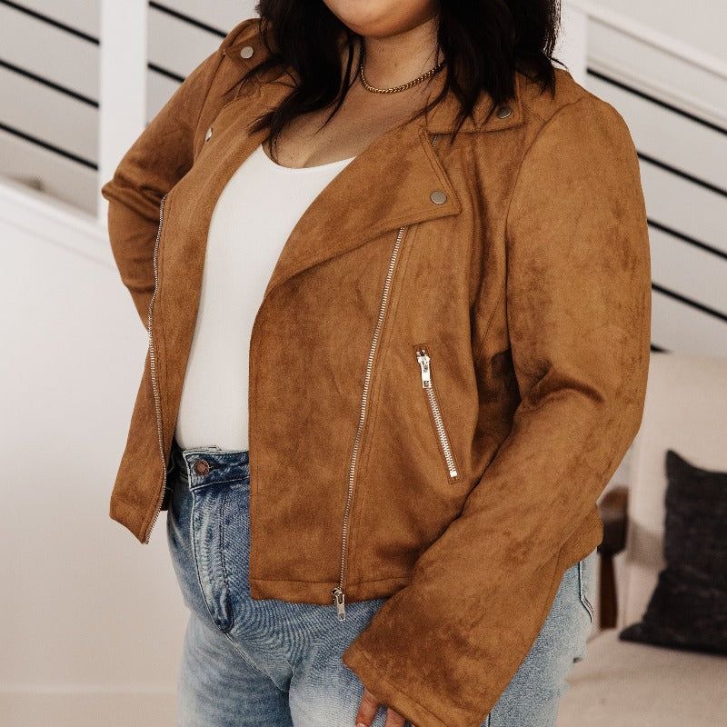Clara Faux Suede Moto Jacket in Camel sold by Boujee Boutique product image thumbnail 9