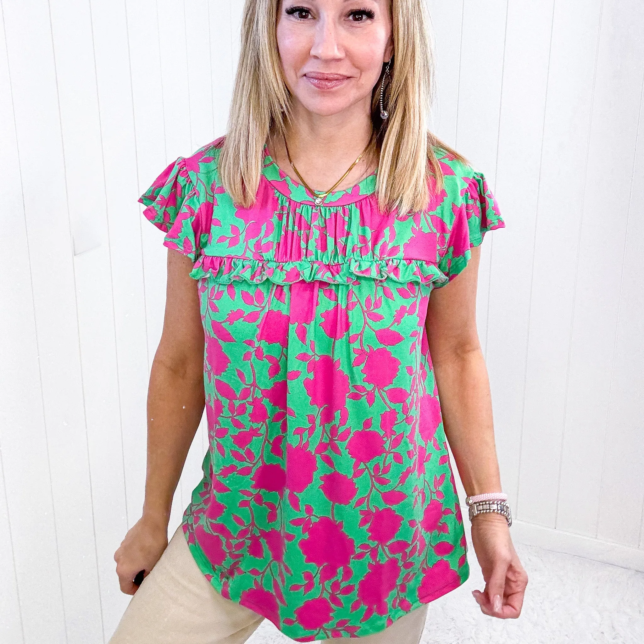 Sassy Green Fuchsia Floral Ruffle Short Sleeve Yoke Short Sleeve Top sold by Boujee Boutique