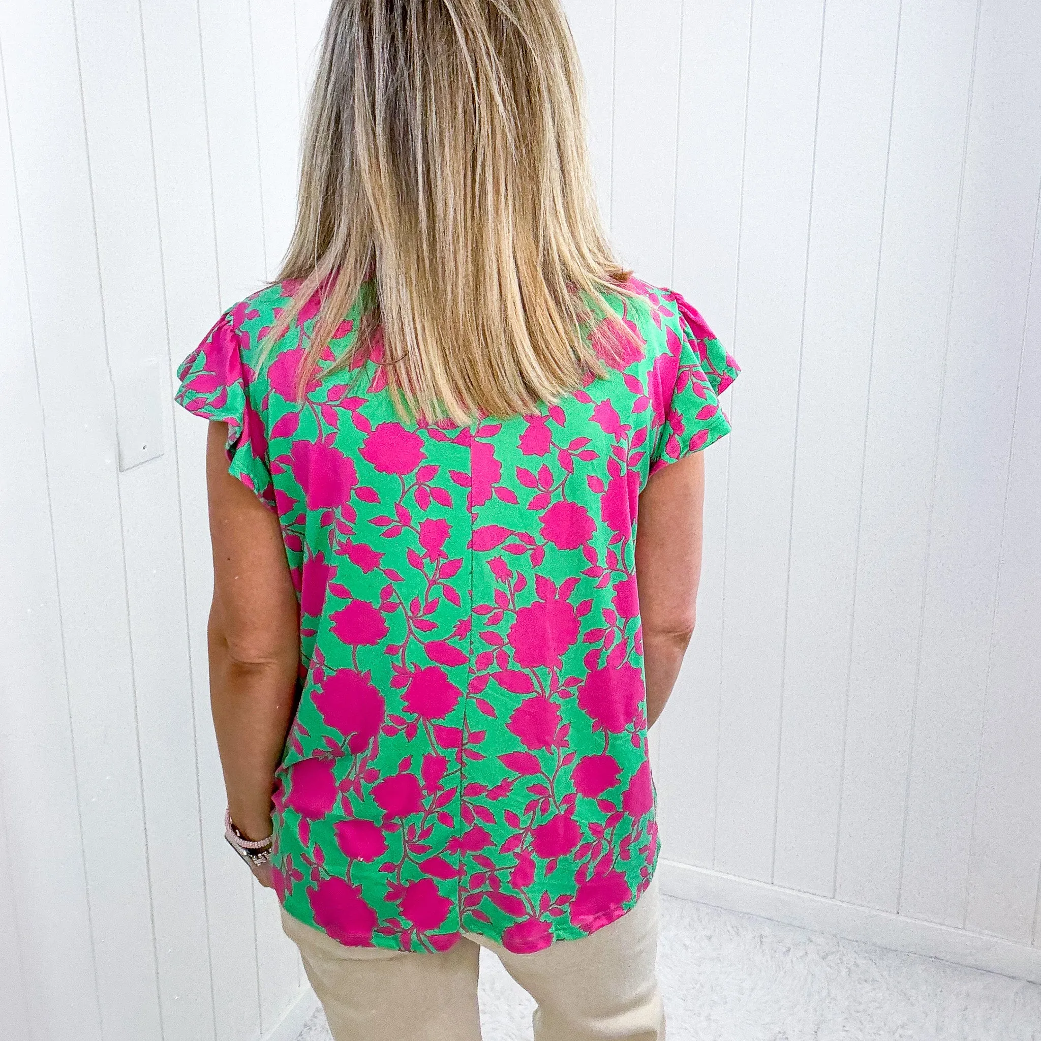 Sassy Green Fuchsia Floral Ruffle Short Sleeve Yoke Short Sleeve Top sold by Boujee Boutique product image thumbnail 5