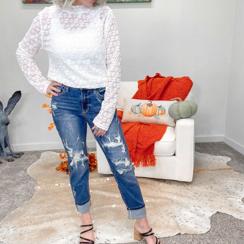 Judy Blue Asherton Mid Rise Cuffed Destroyed Boyfriend Jeans sold by Boujee Boutique product image thumbnail 3