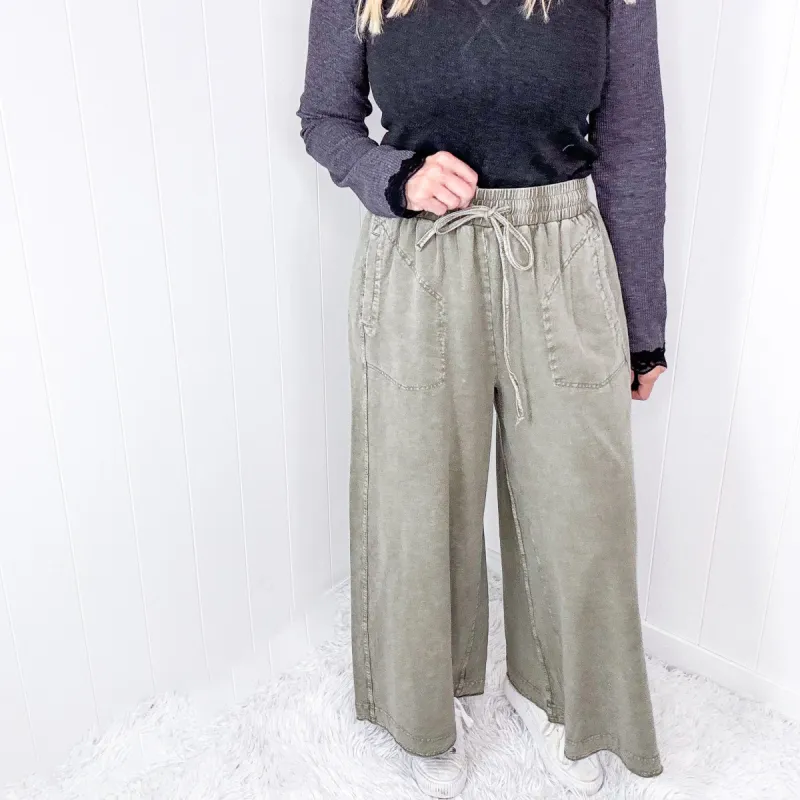 Easy Breeze Mineral Washed Terry Knit Wide Leg Palazzo Pants In 2 Options sold by Boujee Boutique