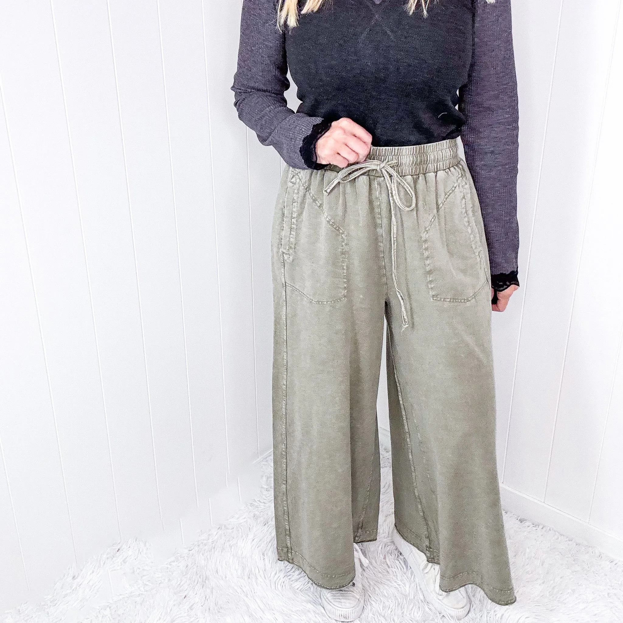Easy Breeze Mineral Washed Terry Knit Wide Leg Palazzo Pants In 2 Options sold by Boujee Boutique