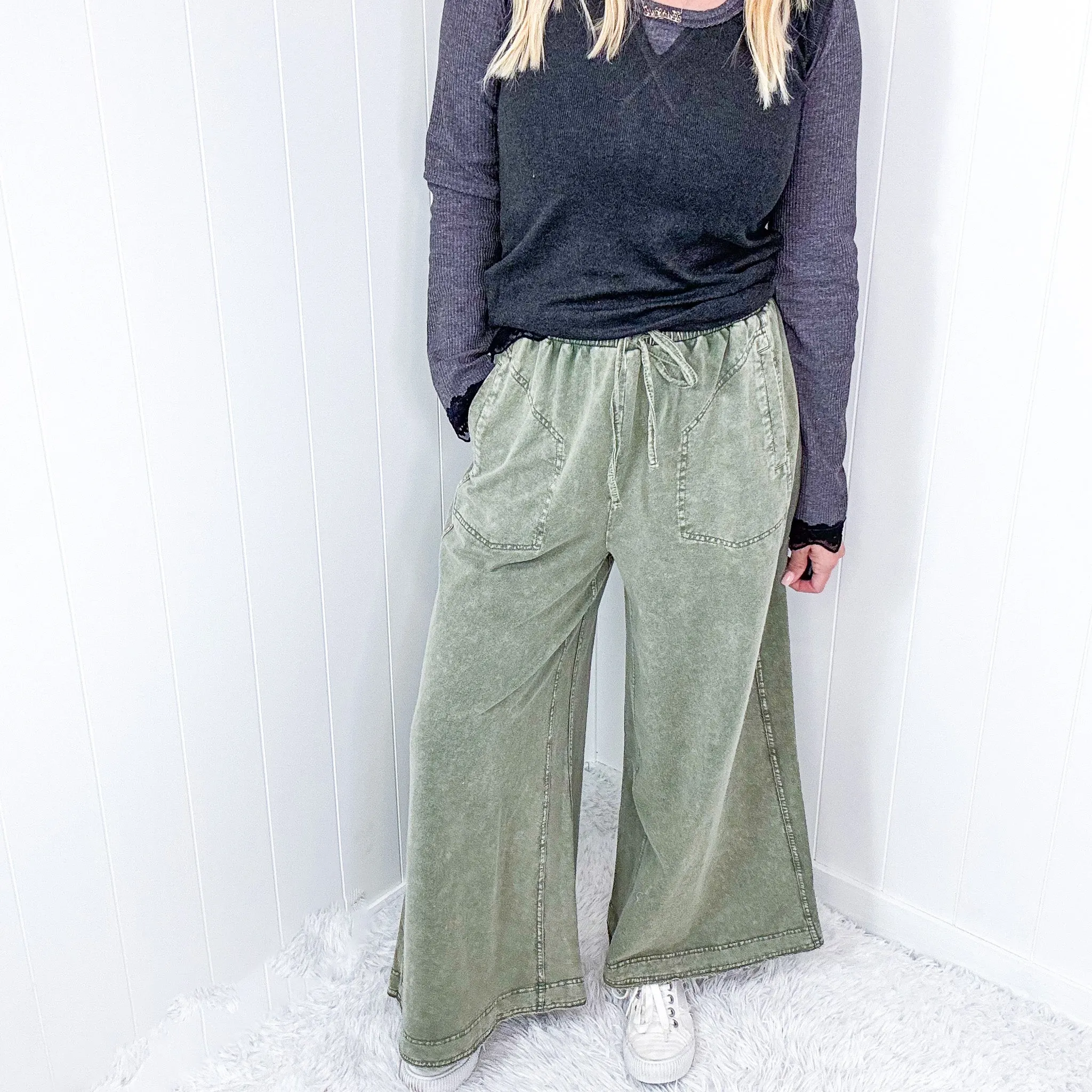 Easy Breeze Mineral Washed Terry Knit Wide Leg Palazzo Pants In 2 Options sold by Boujee Boutique product image thumbnail 5