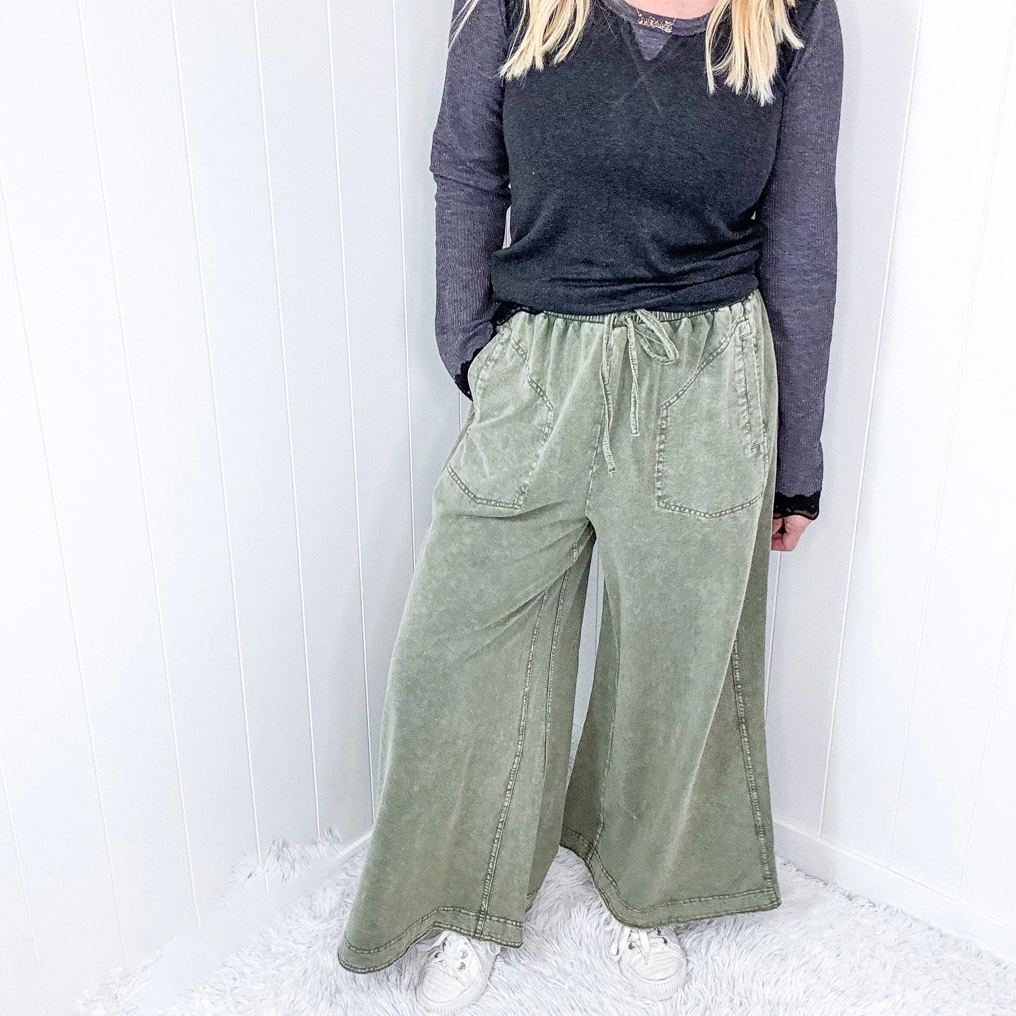 Easy Breeze Mineral Washed Terry Knit Wide Leg Palazzo Pants In 2 Options sold by Boujee Boutique product image thumbnail 2