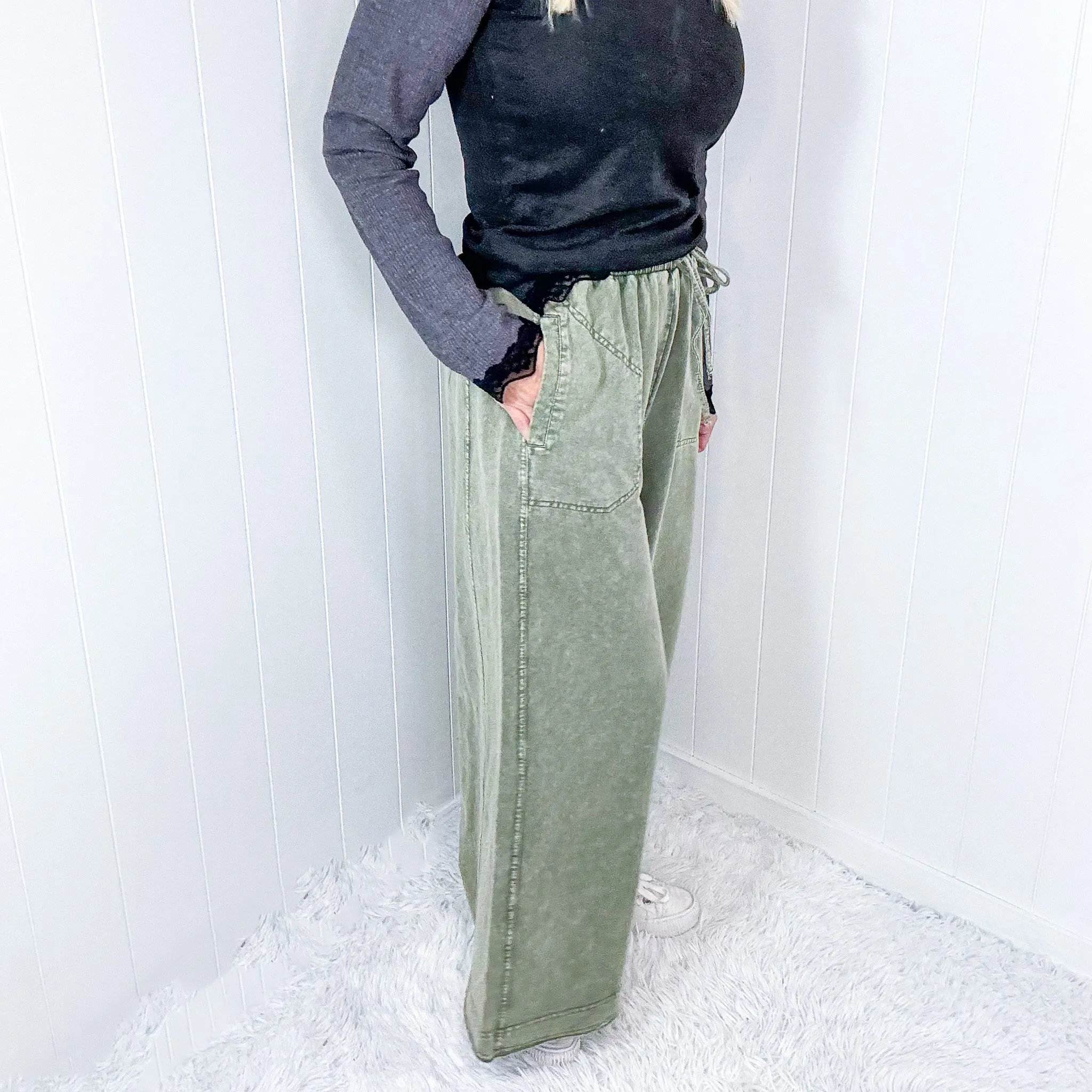 Easy Breeze Mineral Washed Terry Knit Wide Leg Palazzo Pants In 2 Options sold by Boujee Boutique product image thumbnail 3