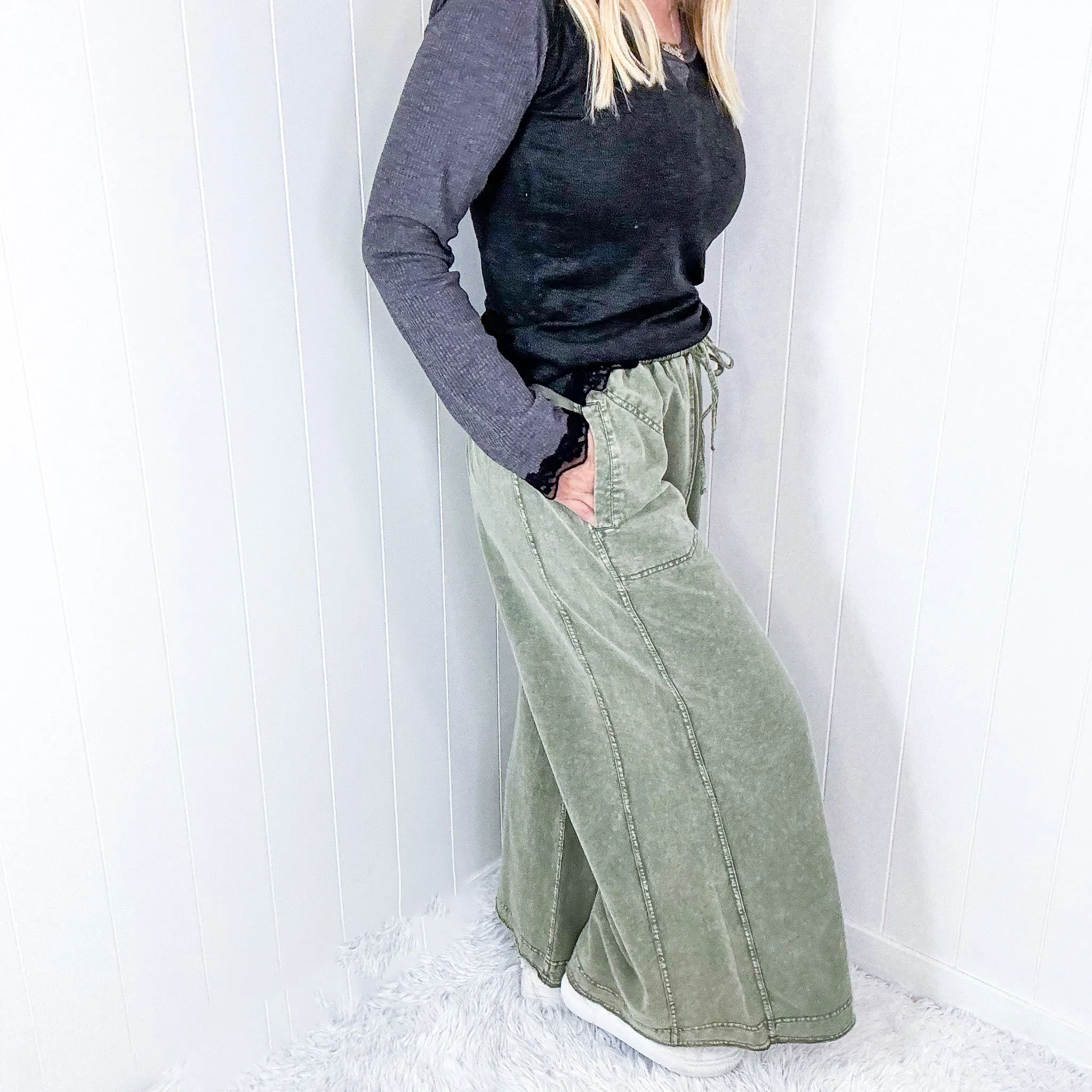 Easy Breeze Mineral Washed Terry Knit Wide Leg Palazzo Pants In 2 Options sold by Boujee Boutique product image thumbnail 4