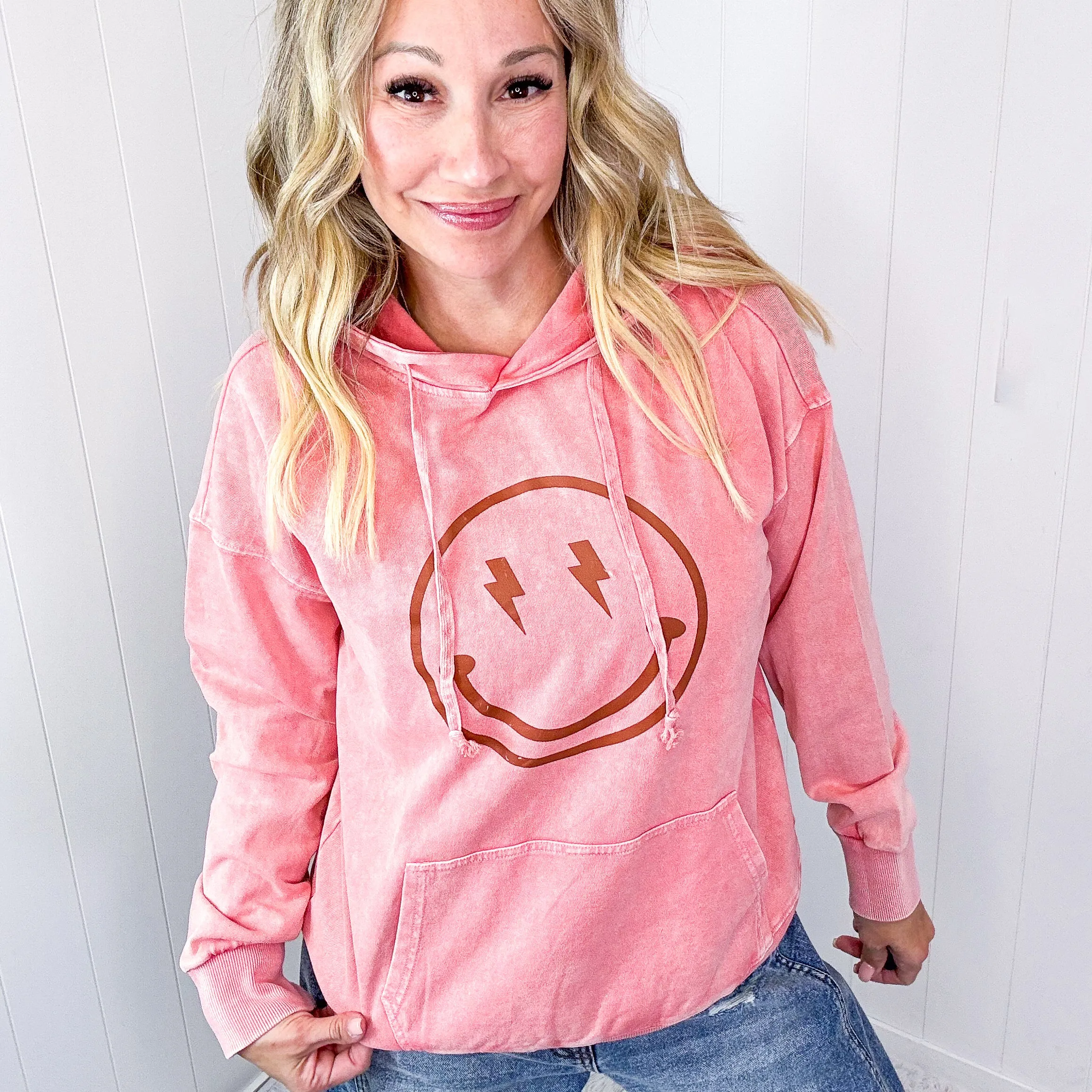 Happy Bliss Mineral Washed Long Sleeve Hoodie In 4 Options sold by Boujee Boutique