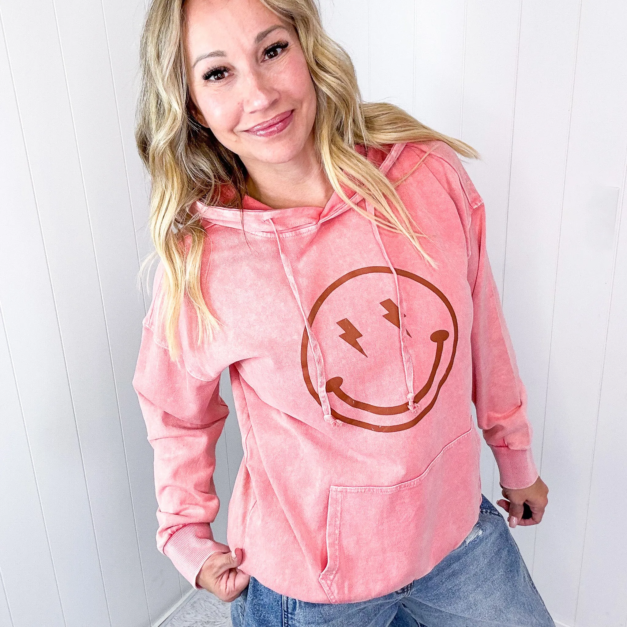 Happy Bliss Mineral Washed Long Sleeve Hoodie In 4 Options sold by Boujee Boutique product image thumbnail 5
