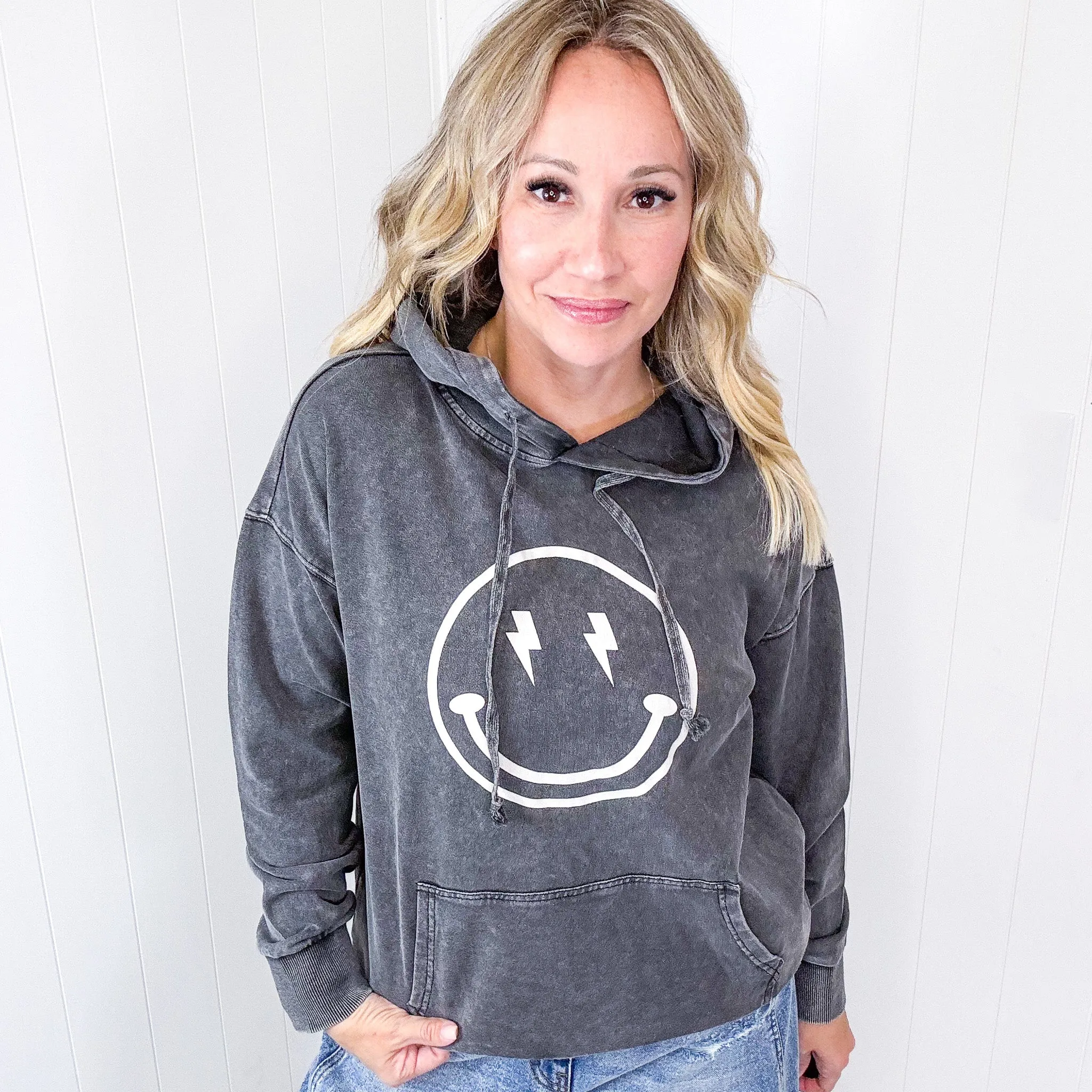 Happy Bliss Mineral Washed Long Sleeve Hoodie In 4 Options sold by Boujee Boutique product image thumbnail 3