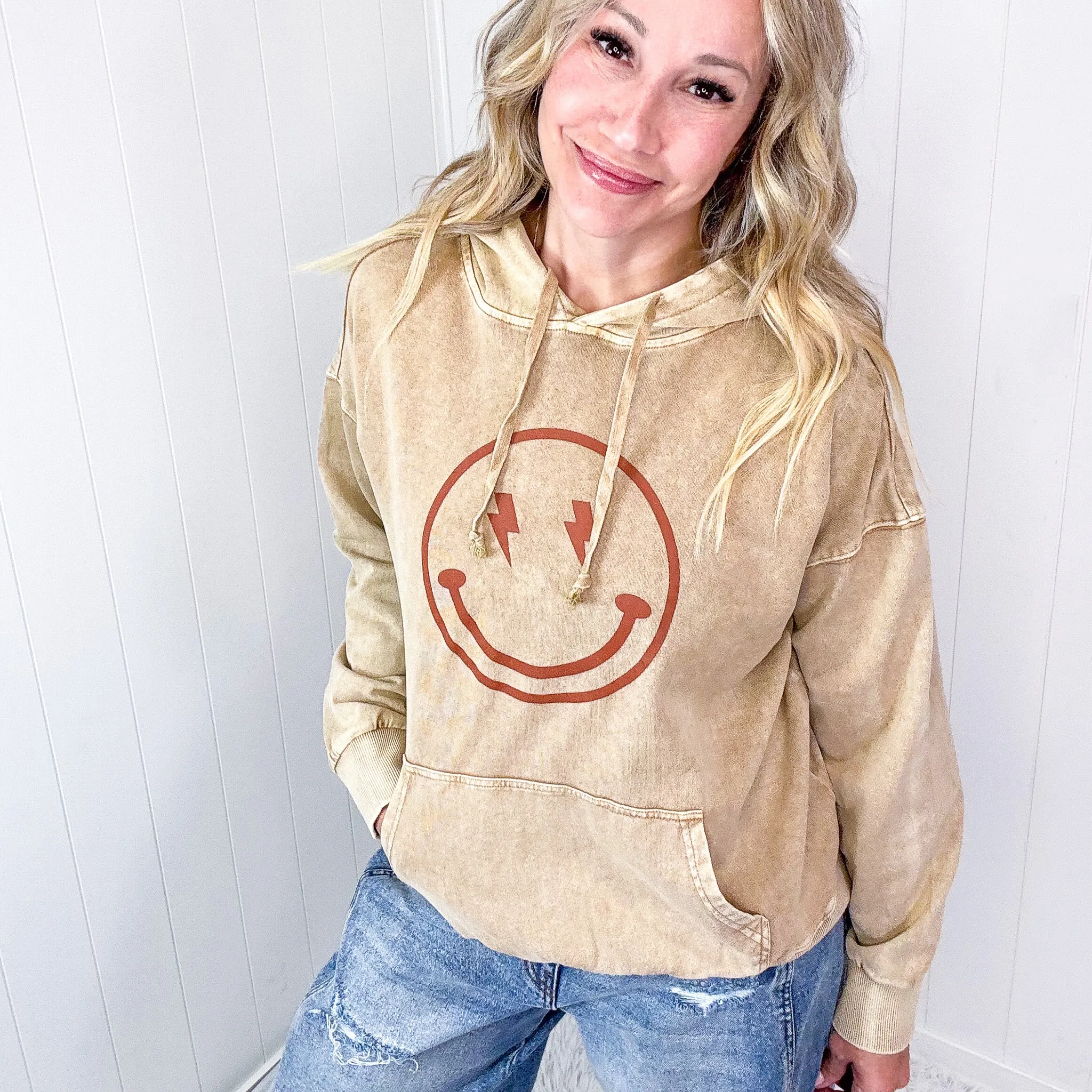 Happy Bliss Mineral Washed Long Sleeve Hoodie In 4 Options sold by Boujee Boutique product image thumbnail 4