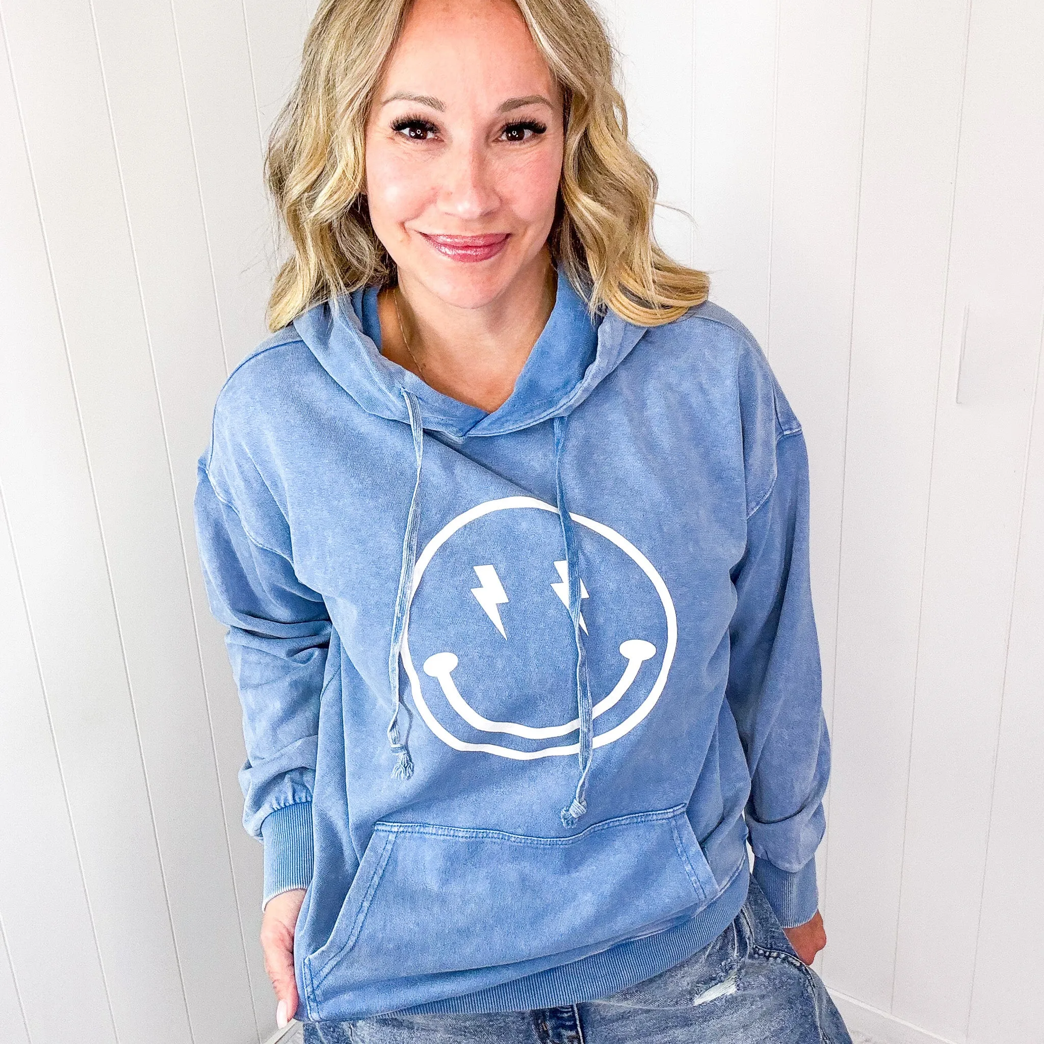 Happy Bliss Mineral Washed Long Sleeve Hoodie In 4 Options sold by Boujee Boutique product image thumbnail 2