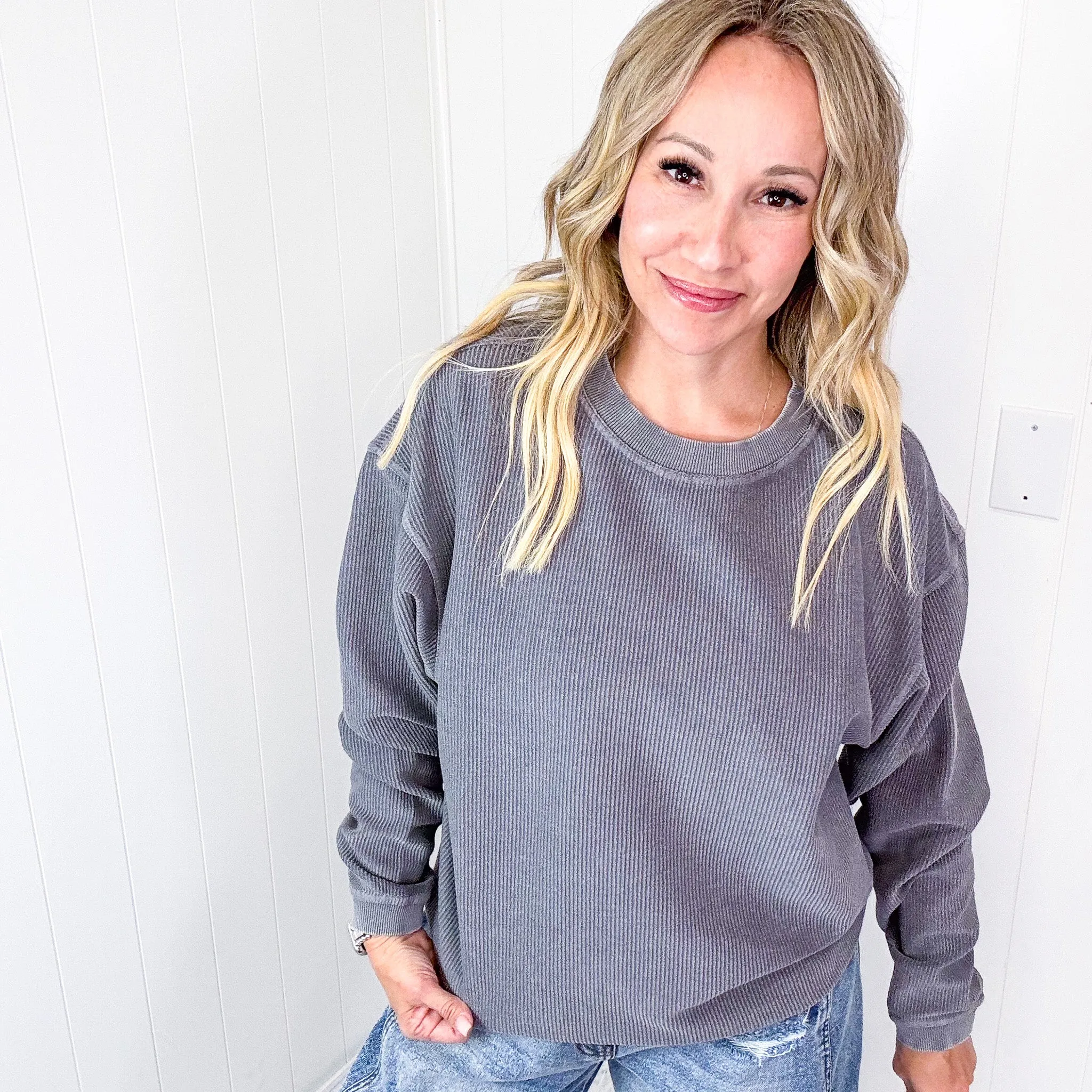 Pewter Charcoal Oversized Luxe Soft Corded Crewneck Long Sleeve Pullover sold by Boujee Boutique