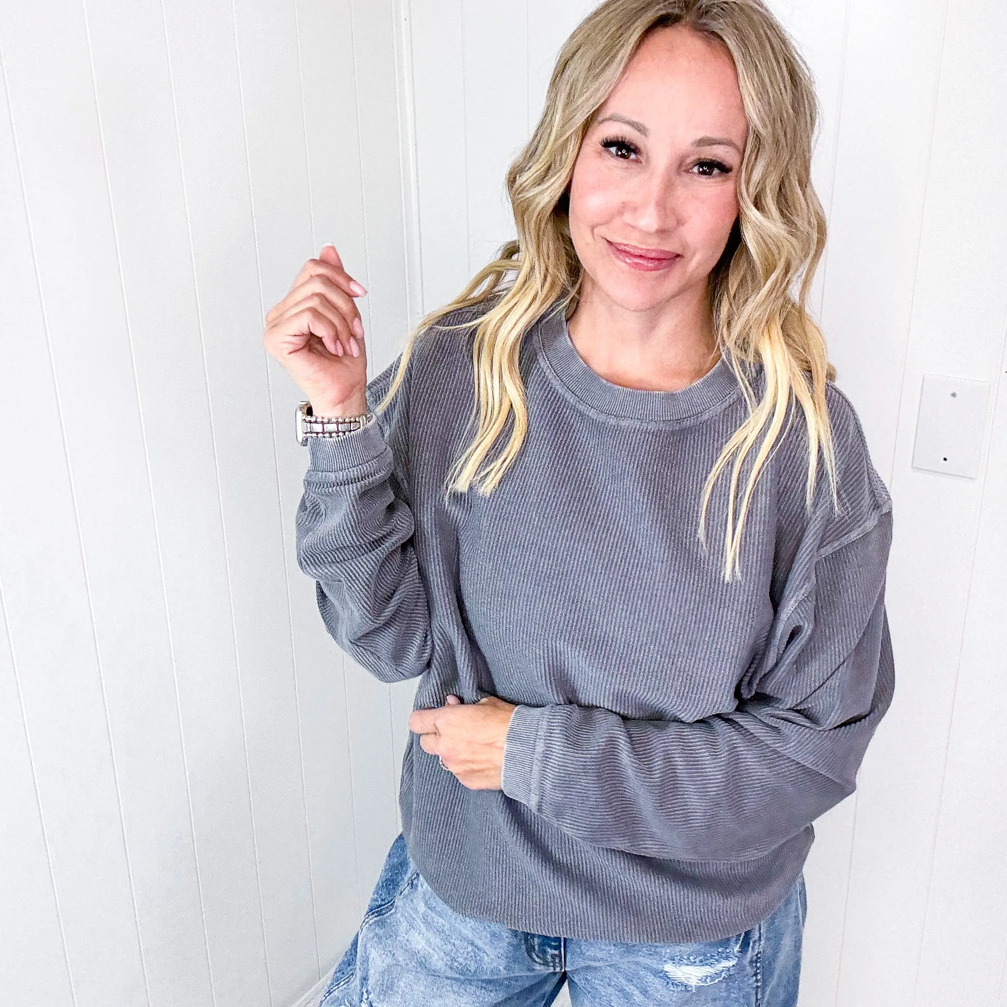 Pewter Charcoal Oversized Luxe Soft Corded Crewneck Long Sleeve Pullover sold by Boujee Boutique product image thumbnail 3