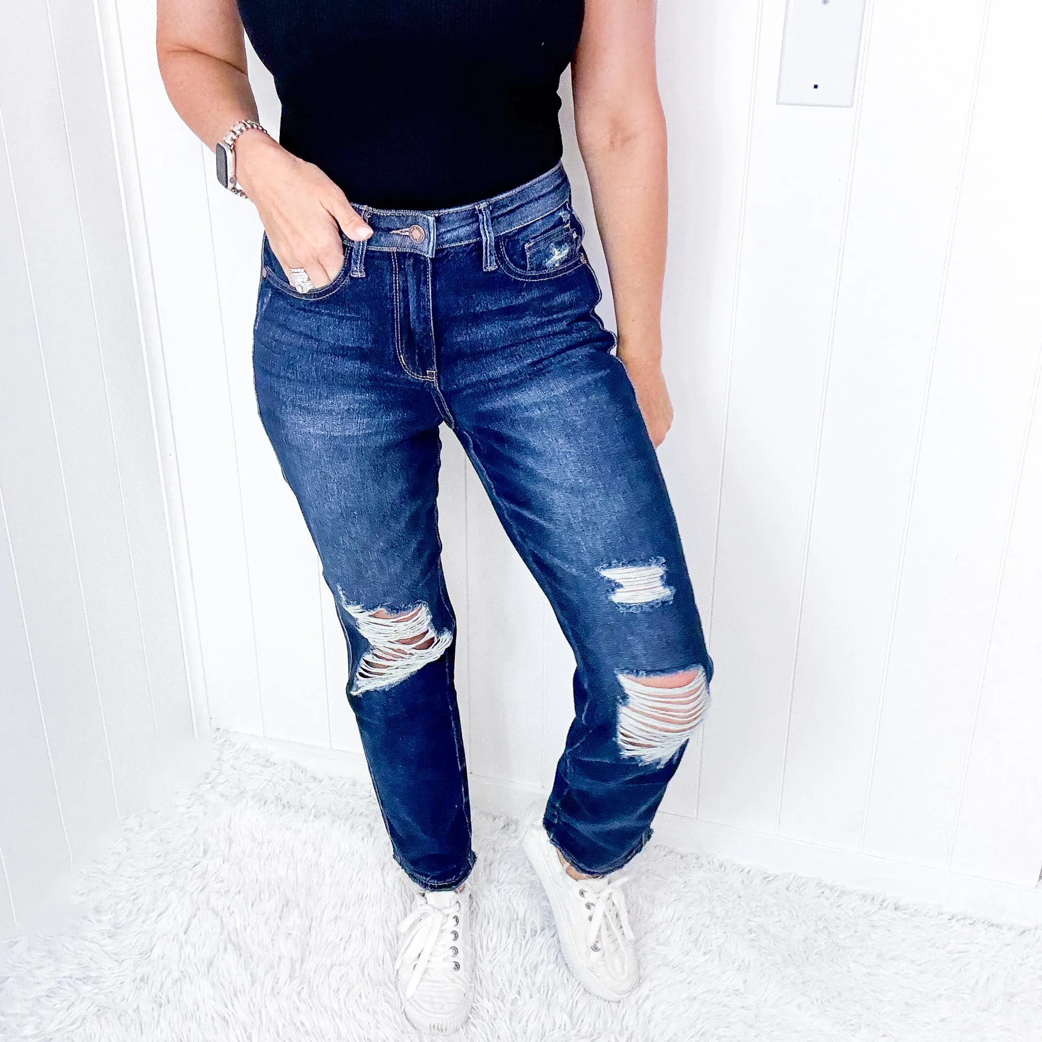 Judy Blue High Waist Rigid Heavy Destroyed Straight Jeans sold by Boujee Boutique product image thumbnail 4