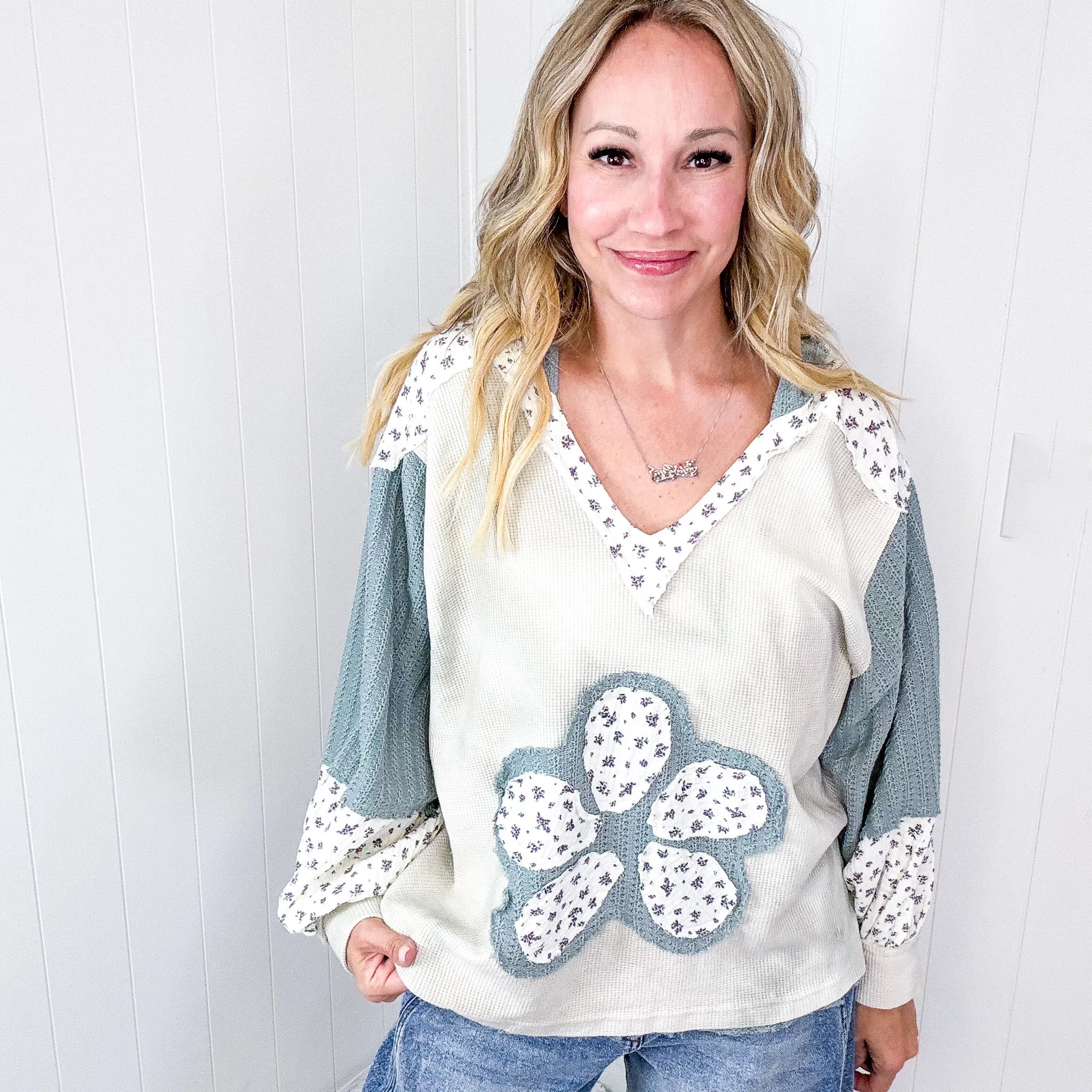 POL Petal Pusher Heart Patch Knit and Ditzy Floral Long Sleeve Pullover Hoodie in 3 Options sold by Boujee Boutique product image thumbnail 3