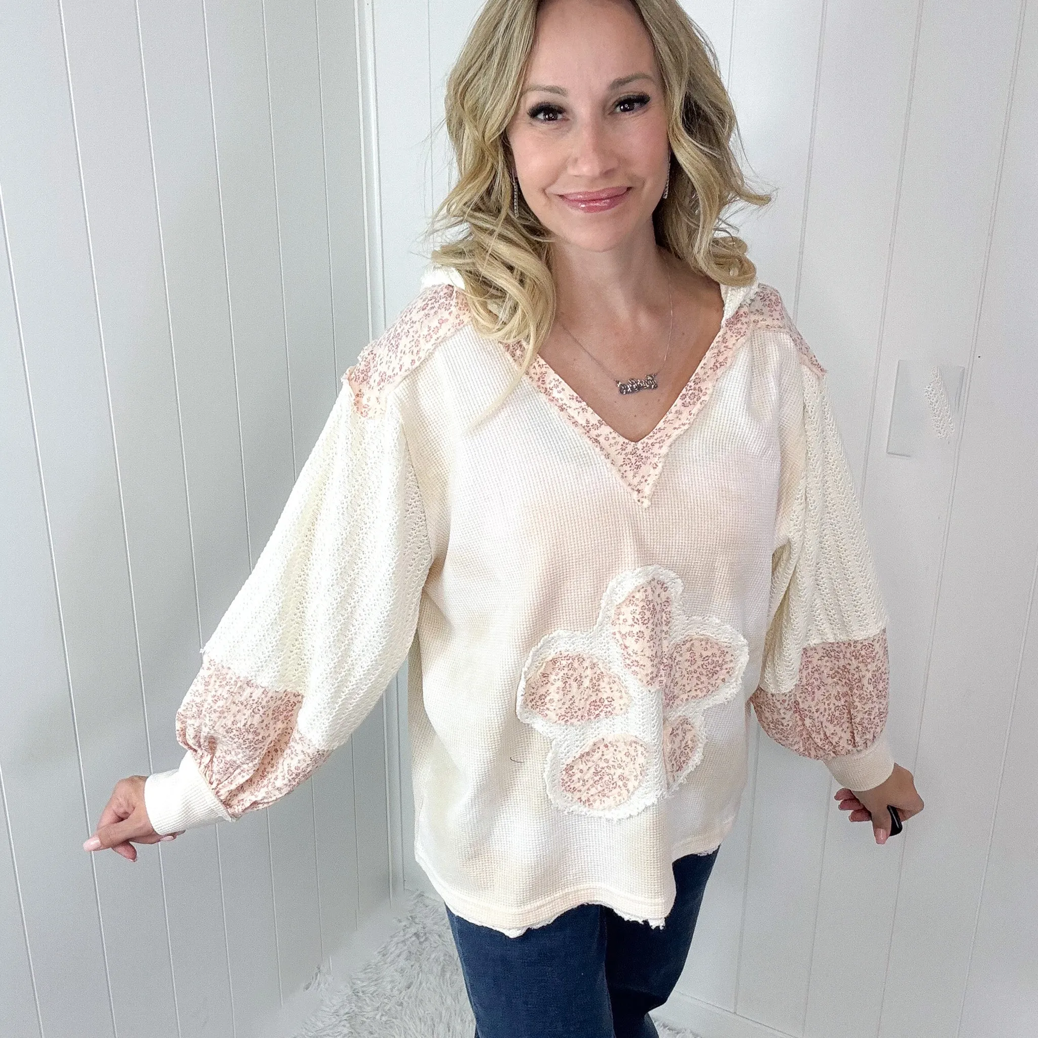 POL Petal Pusher Heart Patch Knit and Ditzy Floral Long Sleeve Pullover Hoodie in 3 Options sold by Boujee Boutique product image thumbnail 5